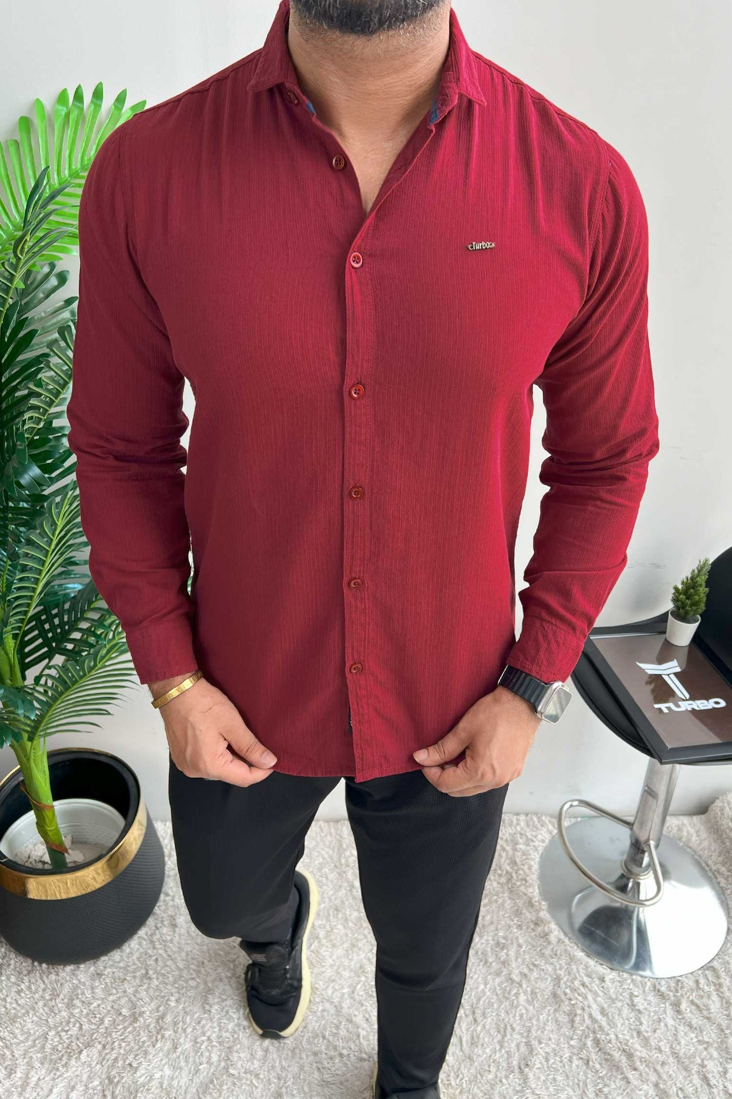 Turbo Self Lining Long Sleeve Cotton Casual Shirt In Maroon