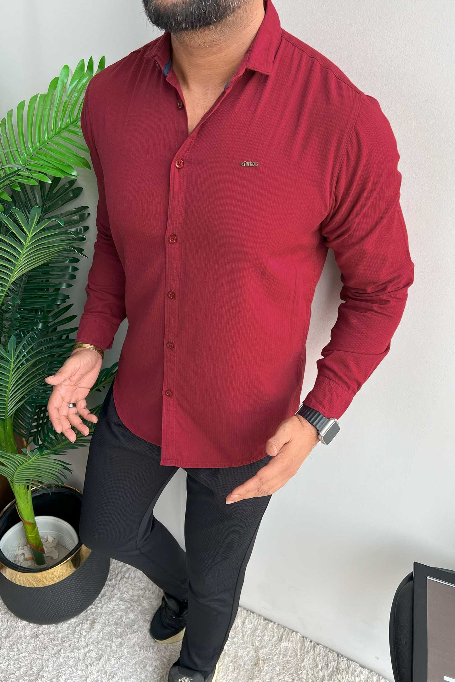 Turbo Self Lining Long Sleeve Cotton Casual Shirt In Maroon
