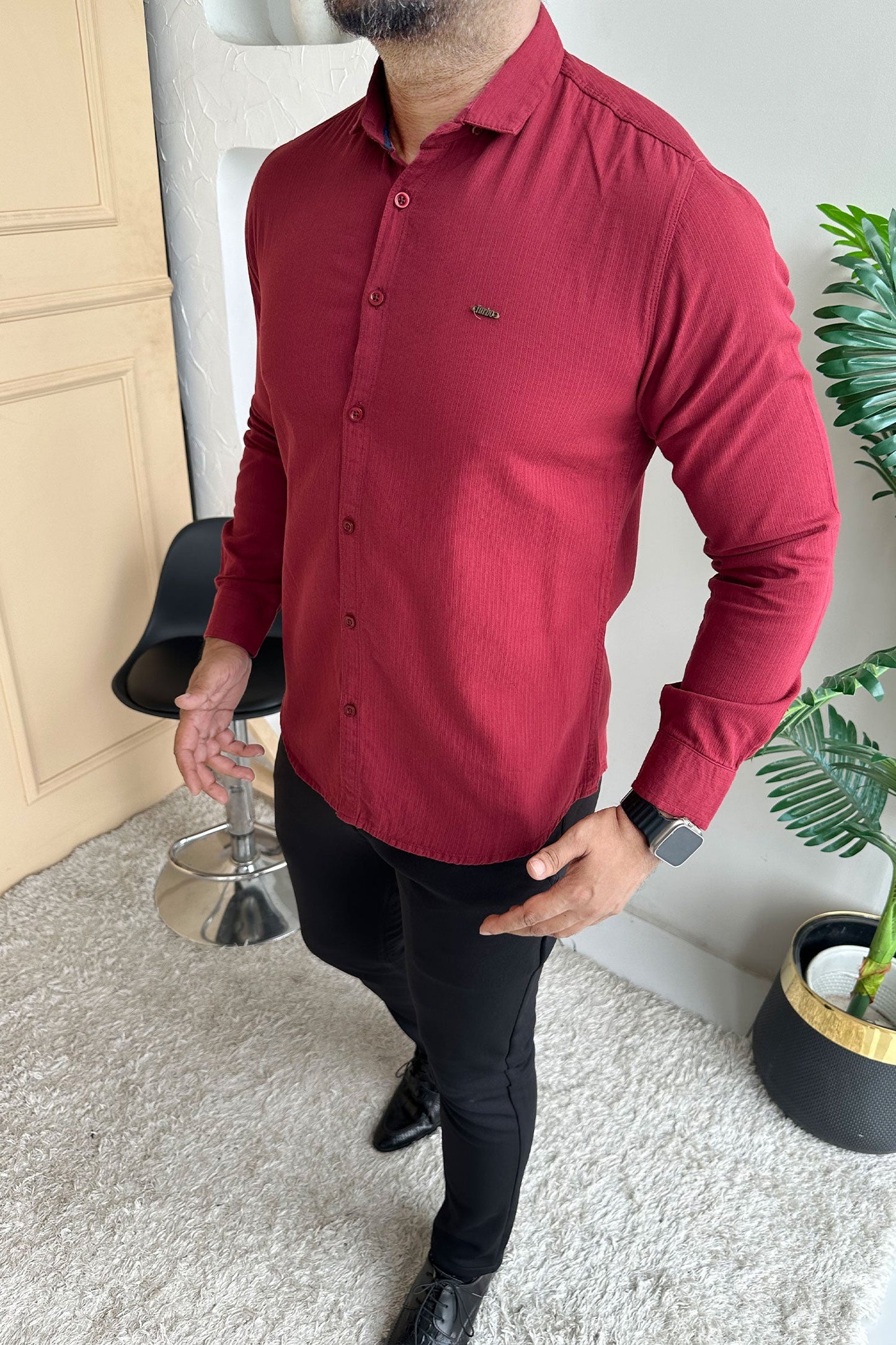 Turbo Self Lining Long Sleeve Cotton Casual Shirt In Maroon