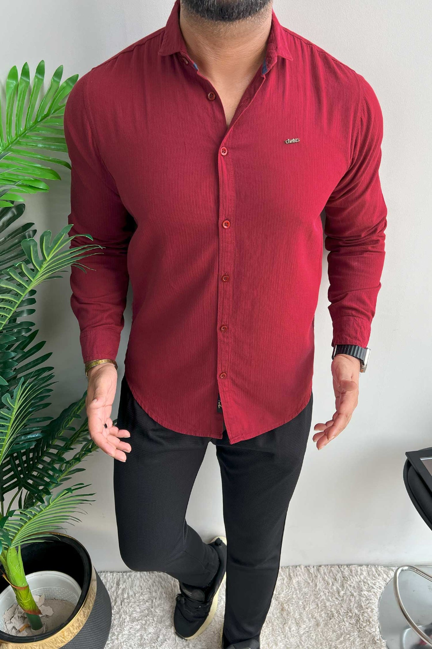 Turbo Self Lining Long Sleeve Cotton Casual Shirt In Maroon
