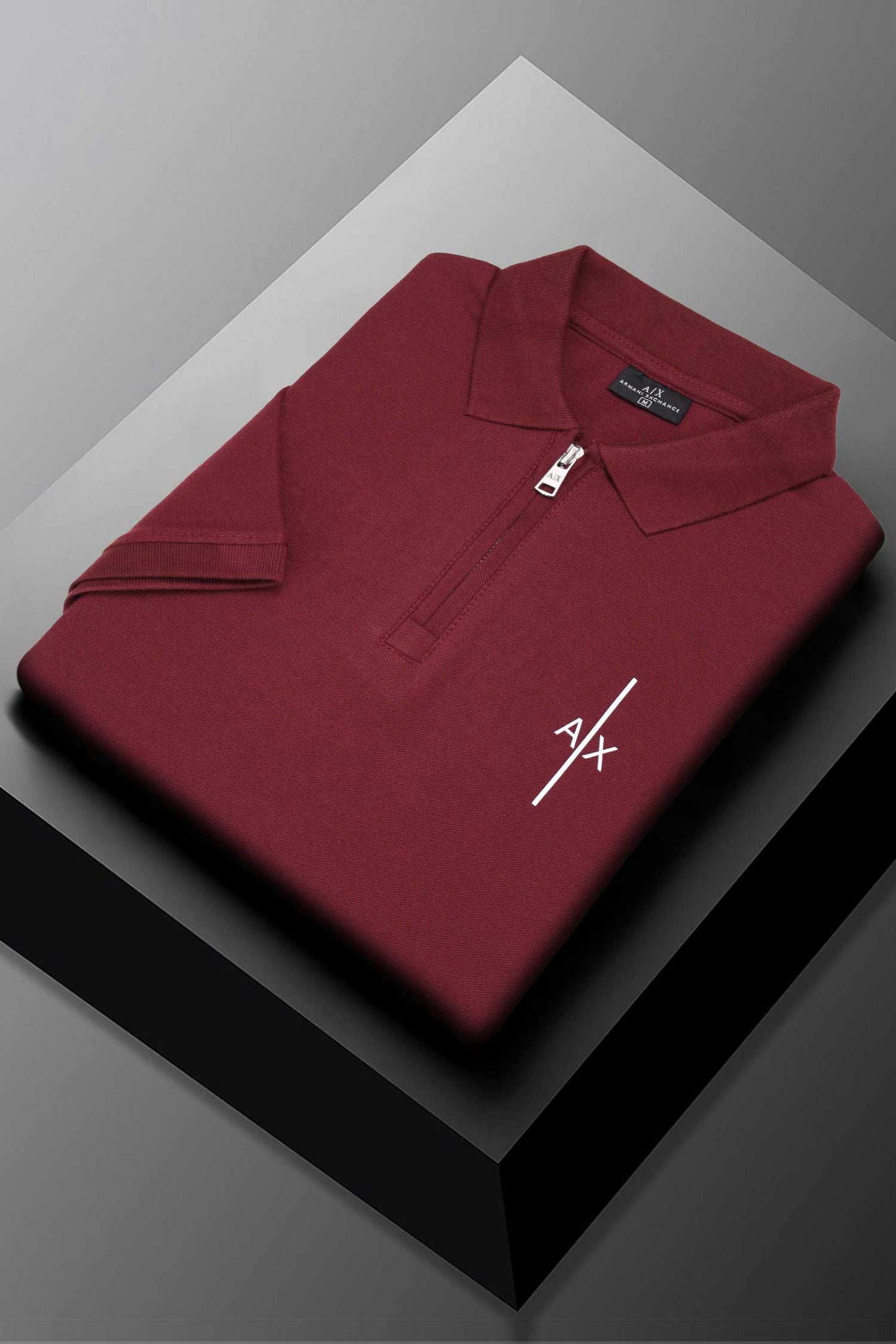 Armni Icon Stripe Zip-Placket Men's Polo Shirt In Dark Maroon