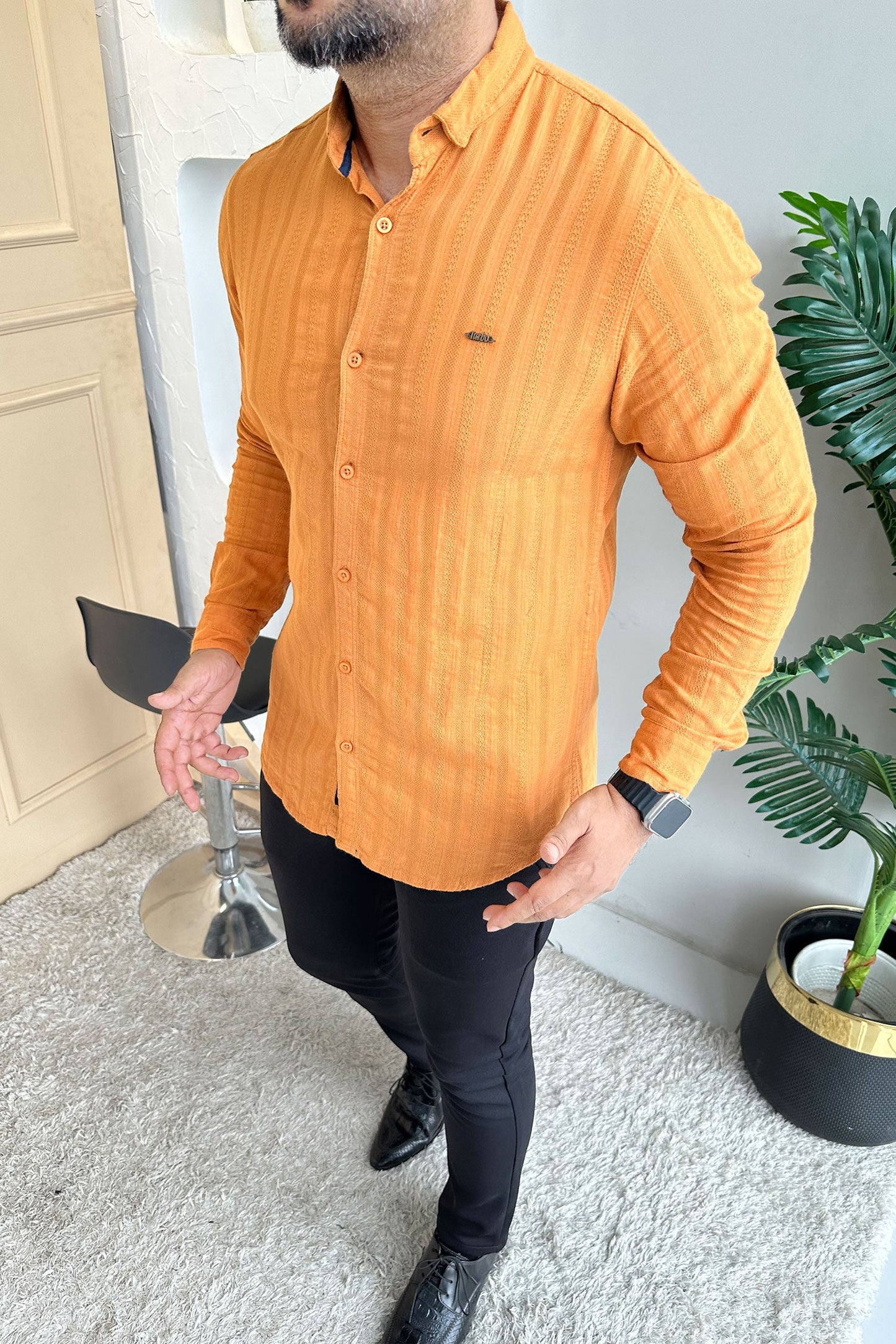 Turbo Self Stripe Motif Long Sleeve Cotton Casual Shirt In Mustard