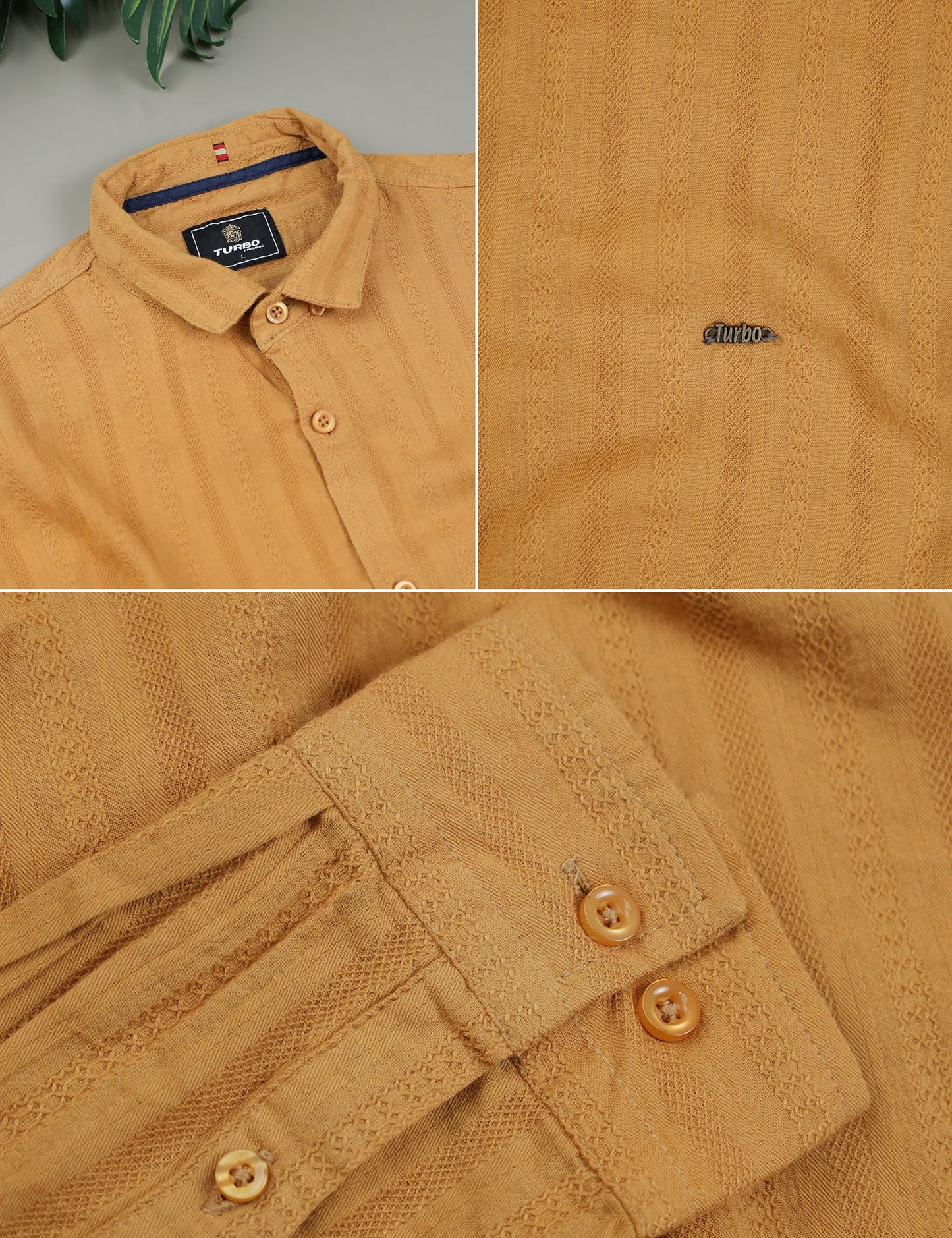 Turbo Self Stripe Motif Long Sleeve Cotton Casual Shirt In Mustard