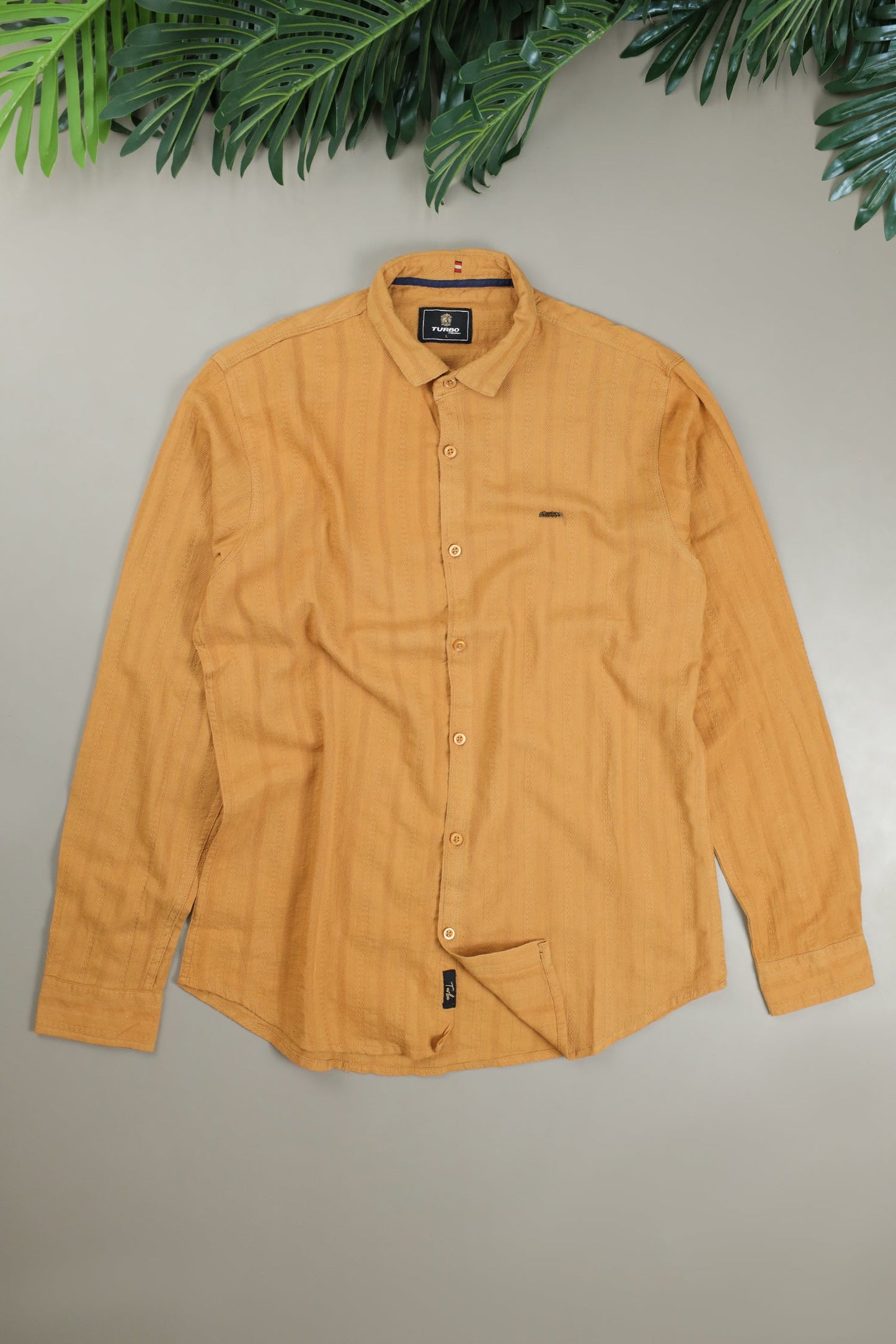 Turbo Self Stripe Motif Long Sleeve Cotton Casual Shirt In Mustard