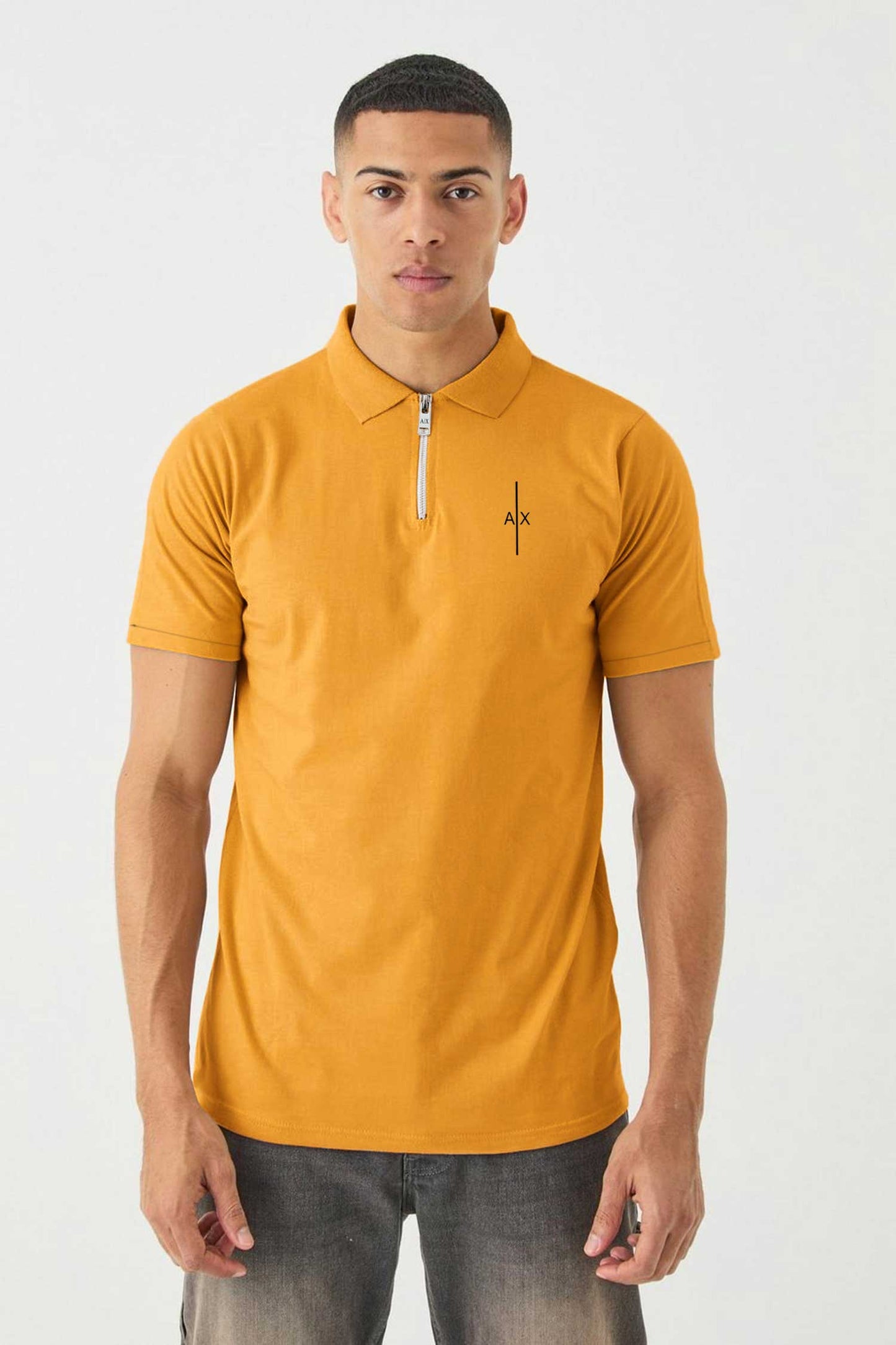Armni Icon Stripe Zip-Placket Men's Polo Shirt In Mustard