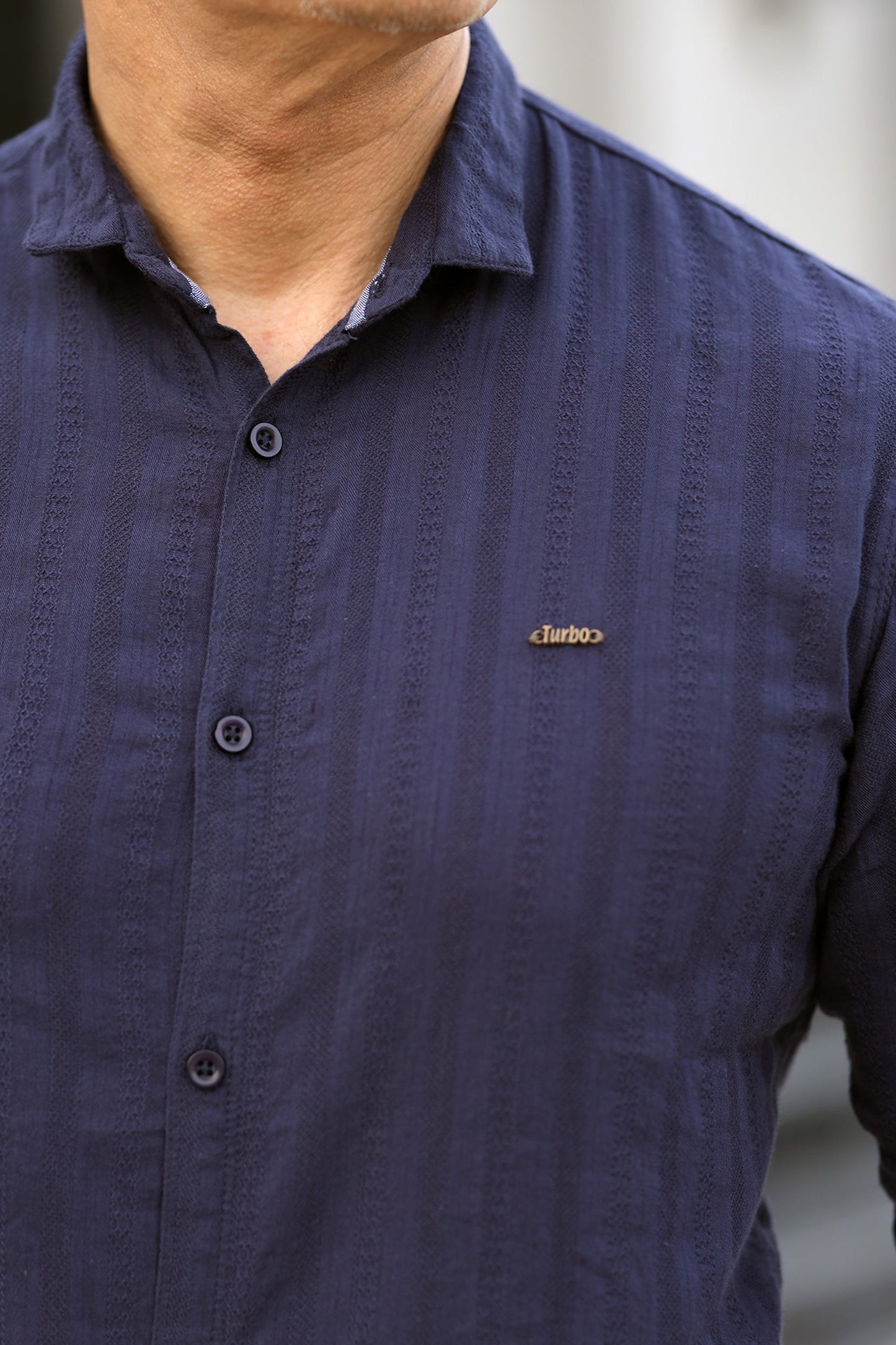 Turbo Self Stripe Motif Long Sleeve Cotton Casual Shirt In Navy Blue