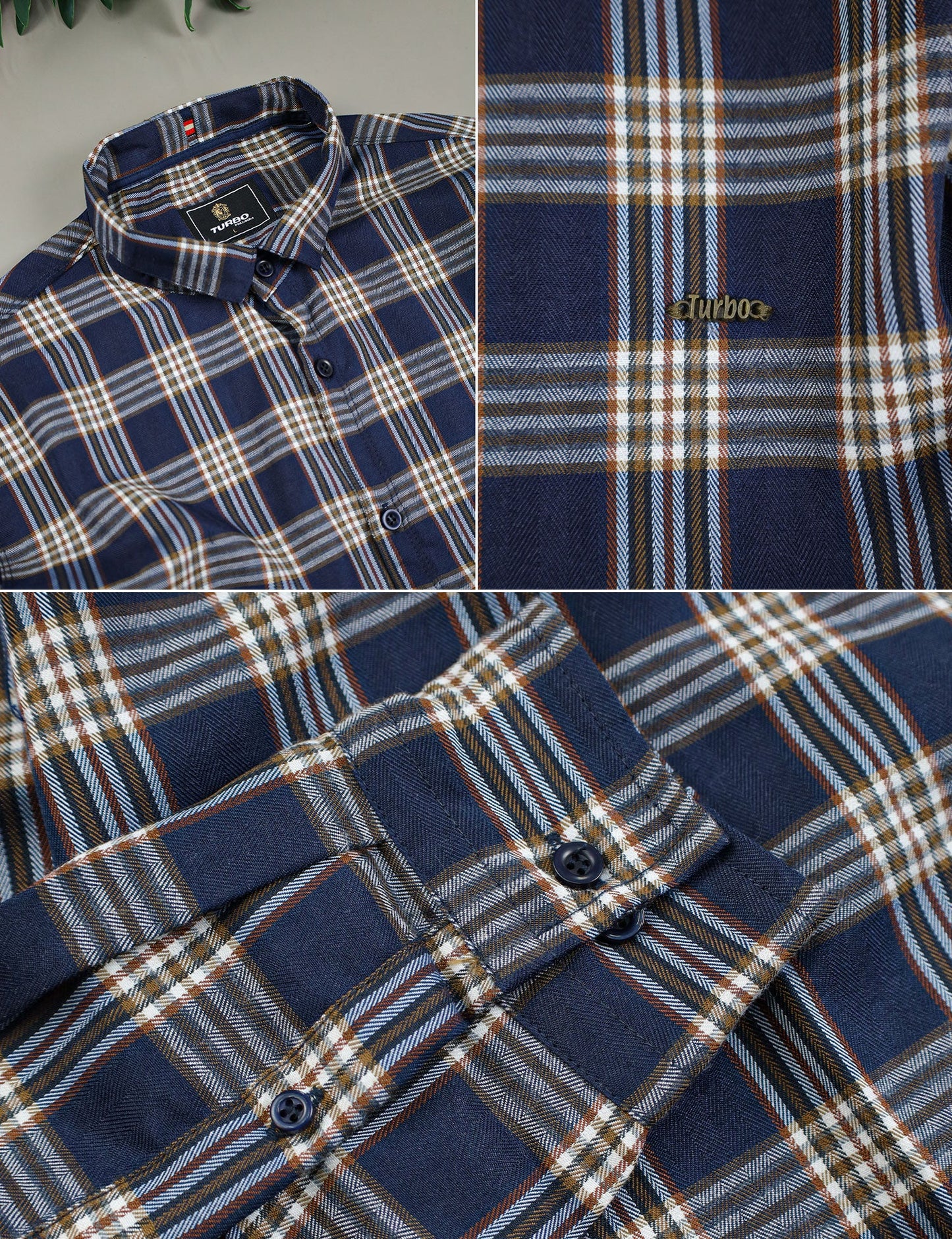 Turbo Tattersall Checkered Long Sleeve Cotton Casual Shirt In Navy Blue