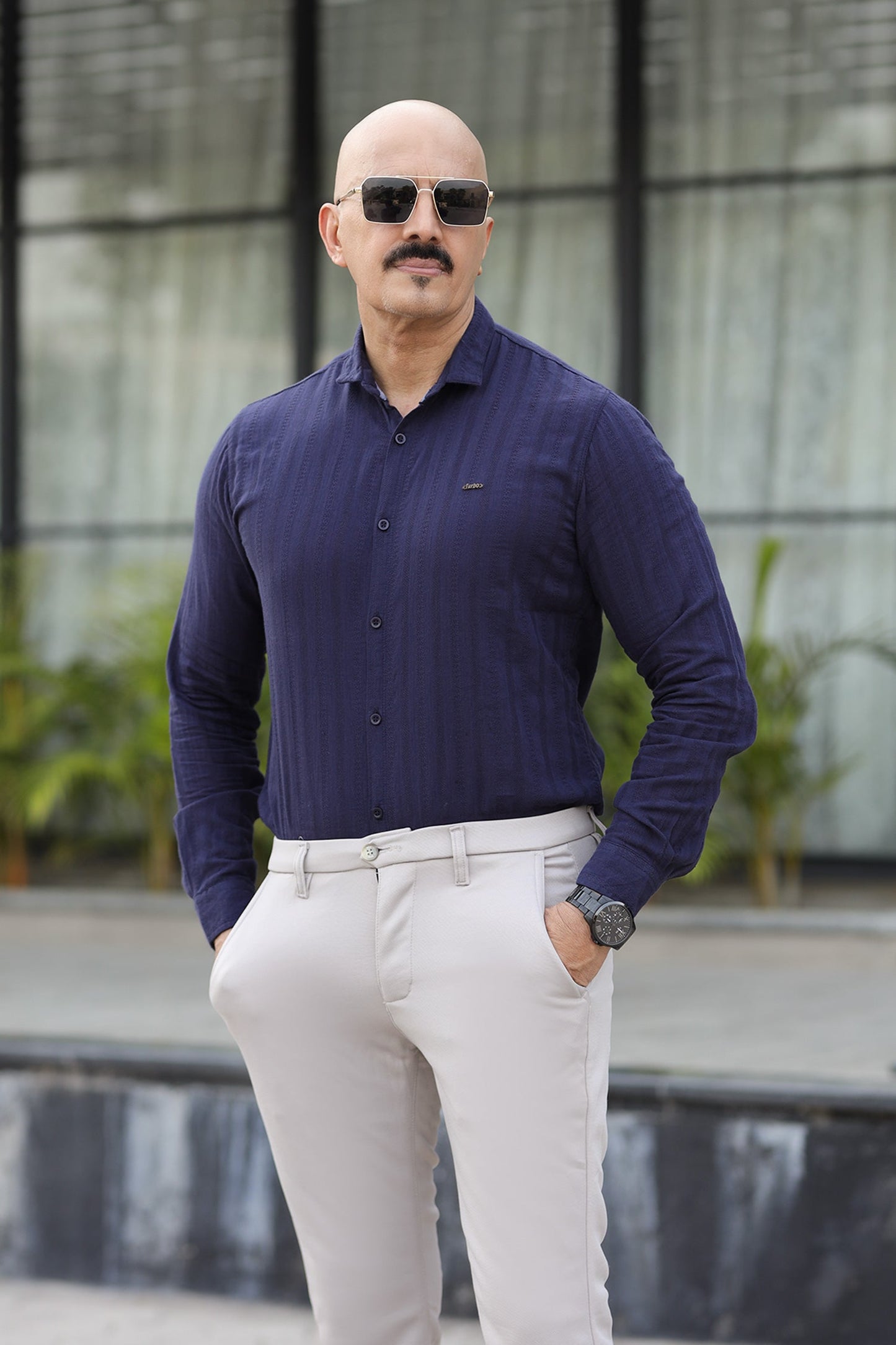 Turbo Self Stripe Motif Long Sleeve Cotton Casual Shirt