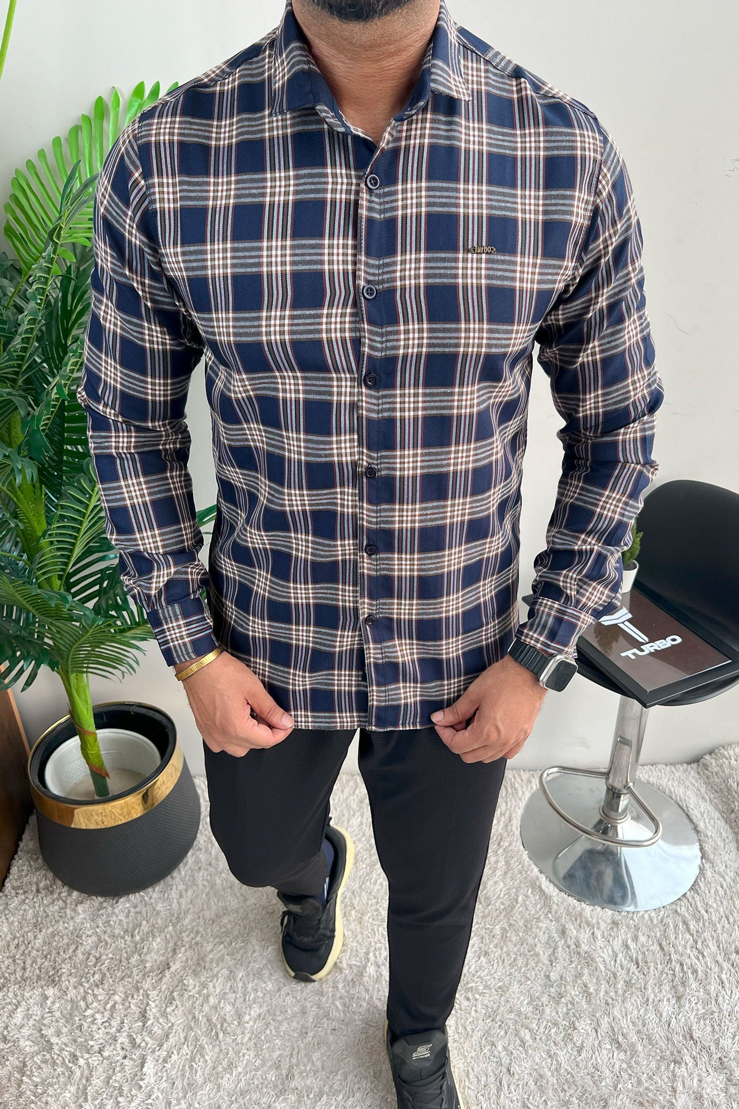 Turbo Tattersall Checkered Long Sleeve Cotton Casual Shirt In Navy Blue