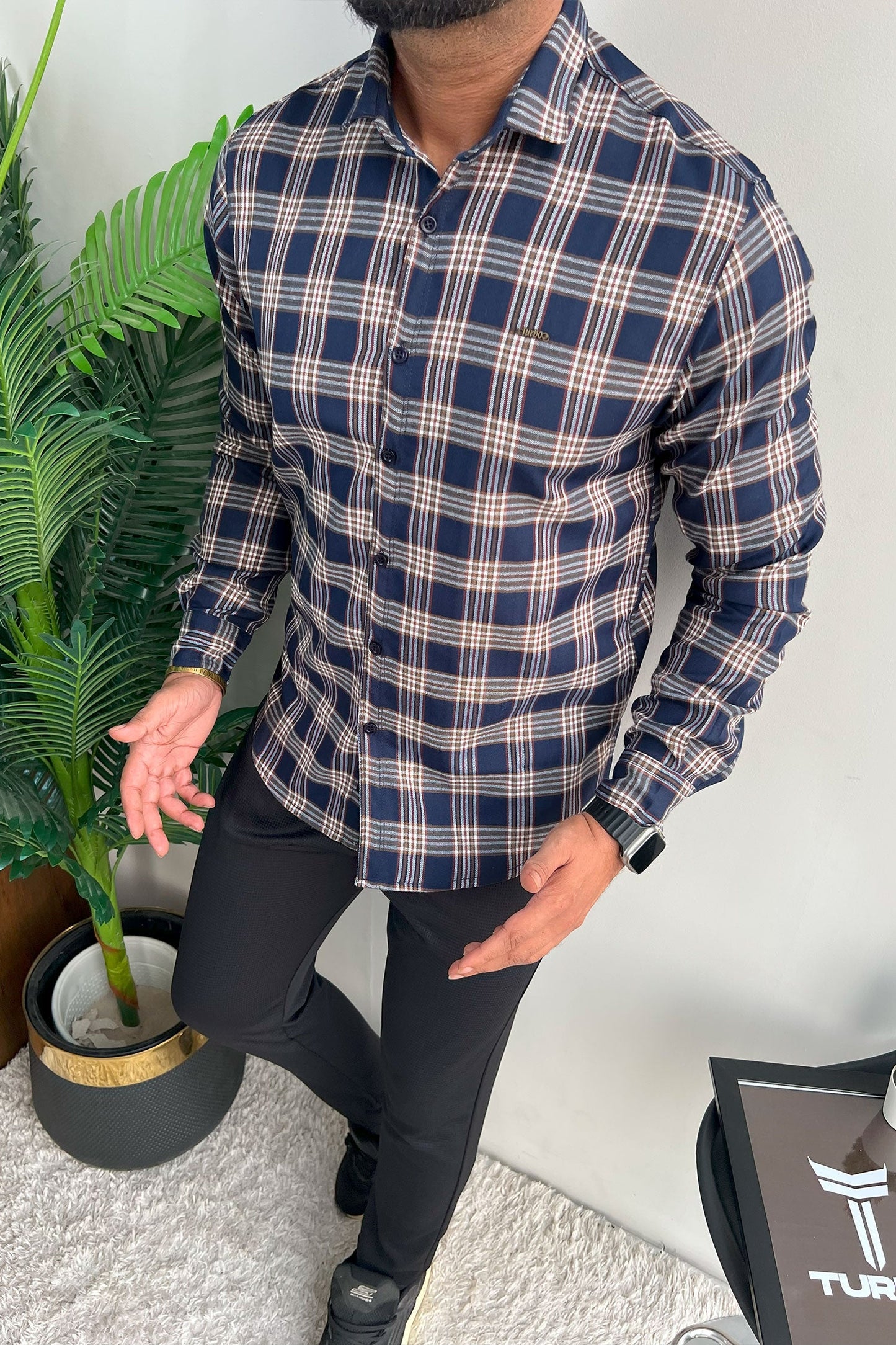Turbo Tattersall Checkered Long Sleeve Cotton Casual Shirt In Navy Blue