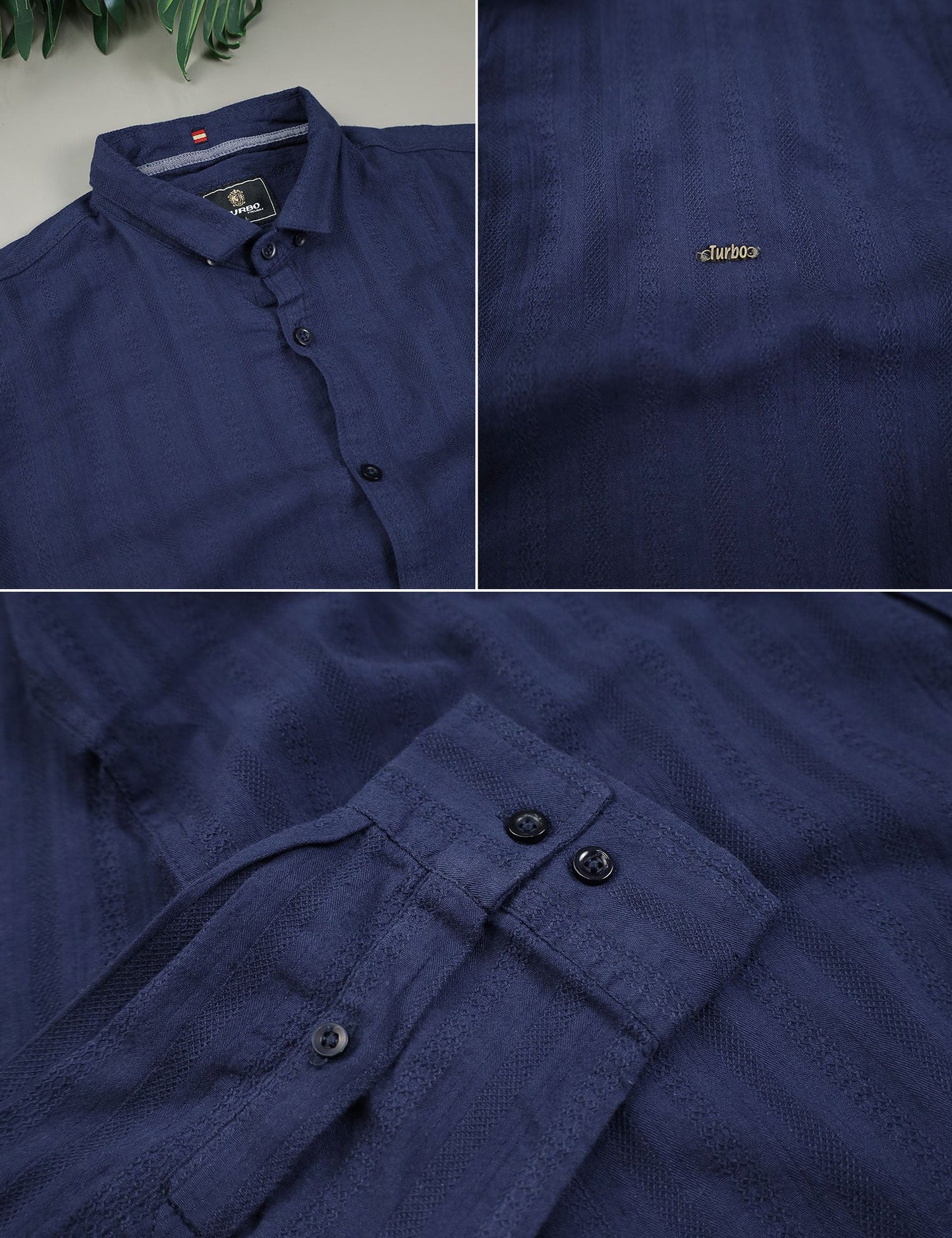 Turbo Self Stripe Motif Long Sleeve Cotton Casual Shirt In Navy Blue