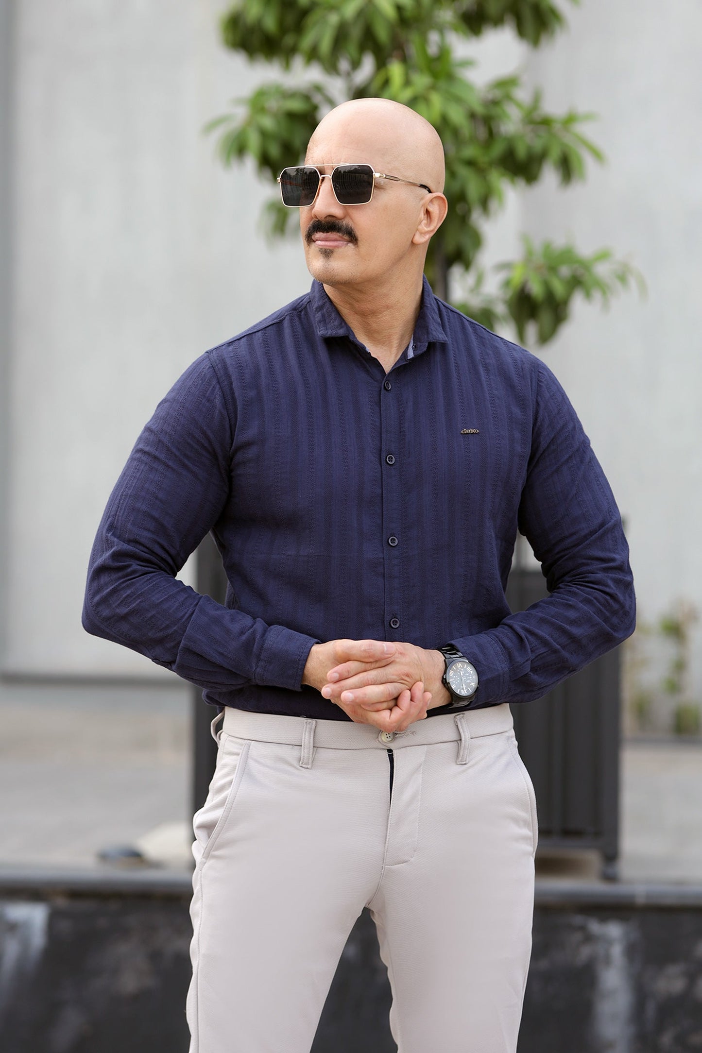 Turbo Self Stripe Motif Long Sleeve Cotton Casual Shirt