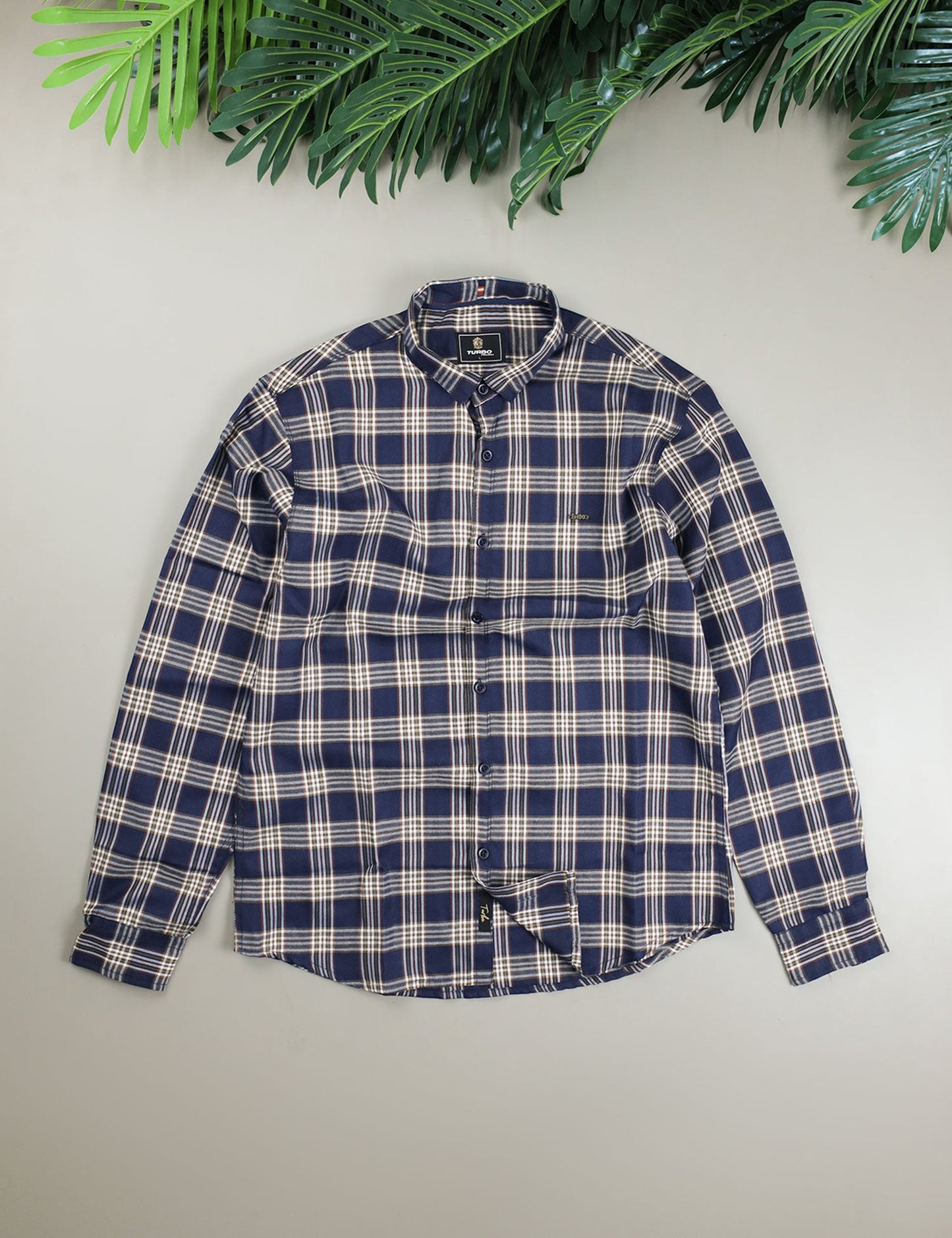 Turbo Tattersall Checkered Long Sleeve Cotton Casual Shirt In Navy Blue