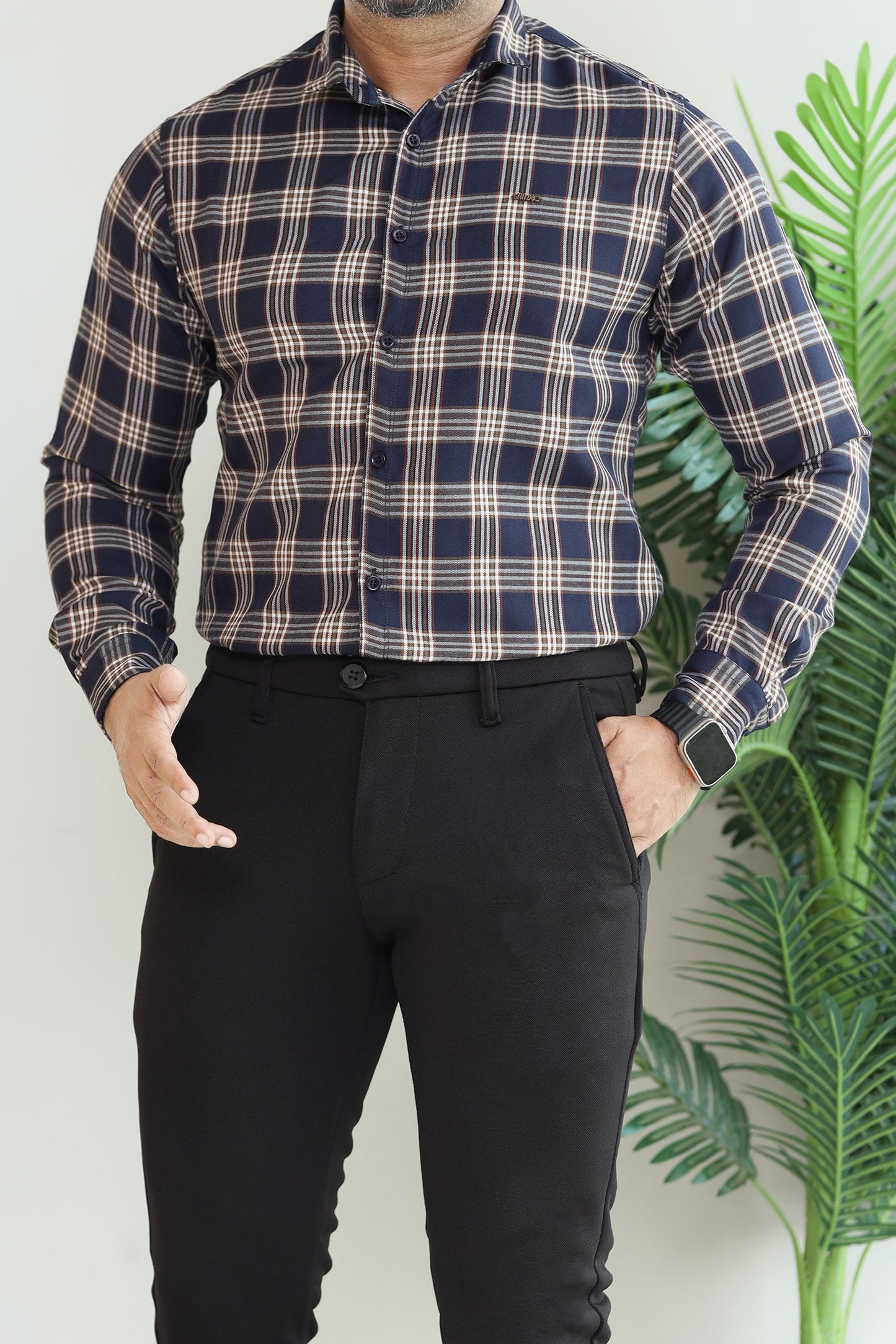 Turbo Tattersall Checkered Long Sleeve Cotton Casual Shirt In Navy Blue