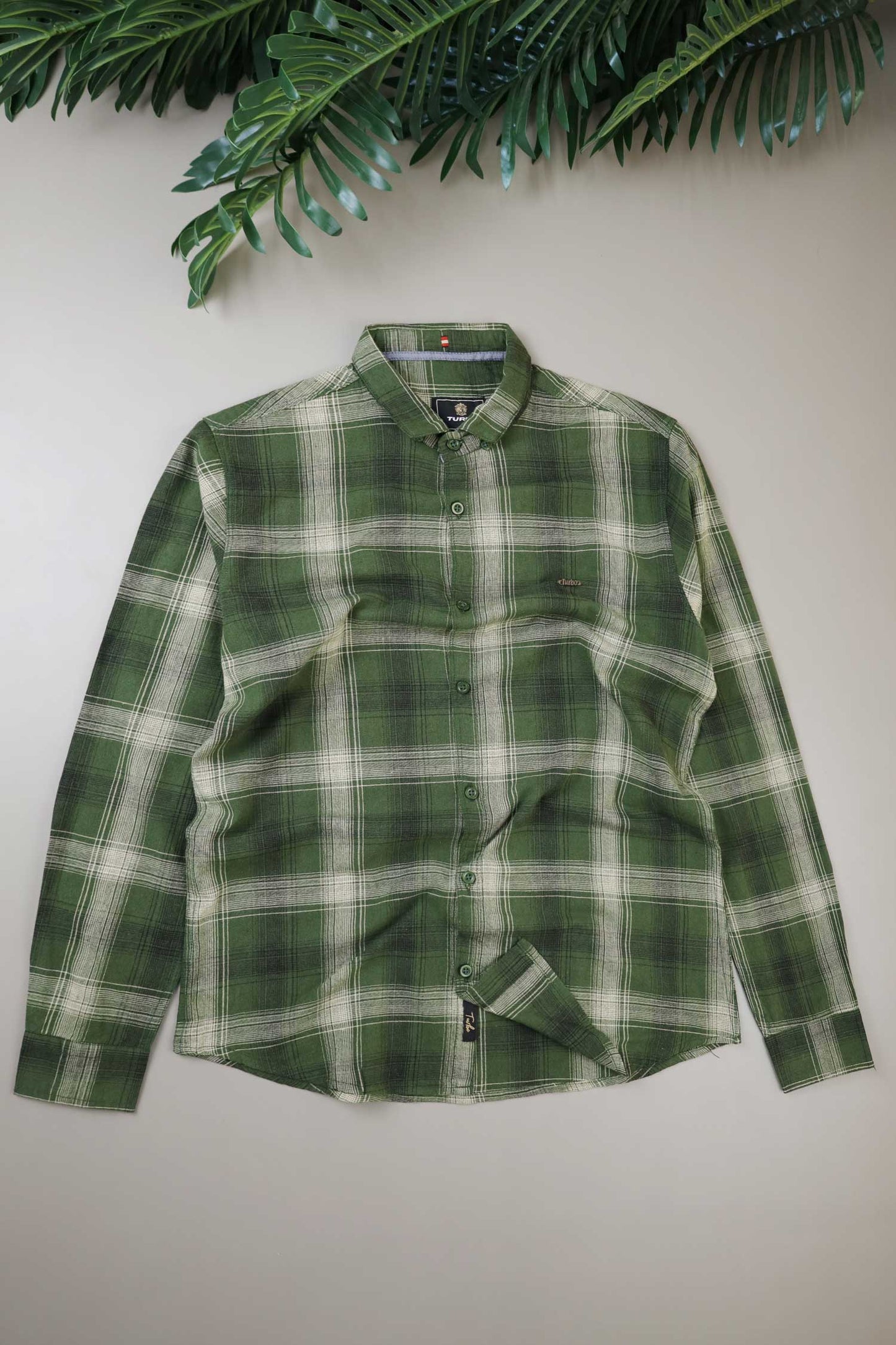 Turbo Tribe Premium Flannel Long Sleeve Cotton Casual Shirt In Olive Green