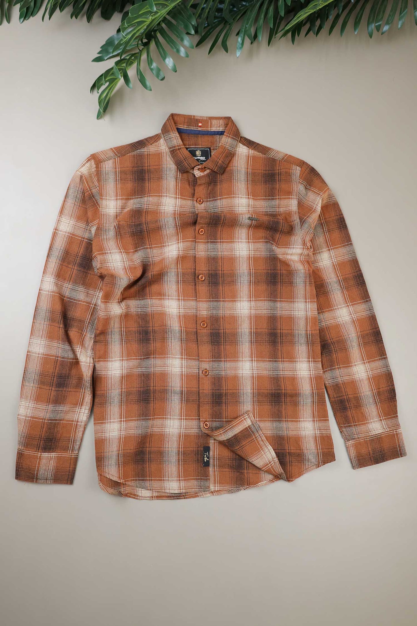 Turbo Tribe Premium Flannel Long Sleeve Cotton Casual Shirt In Rust Brown