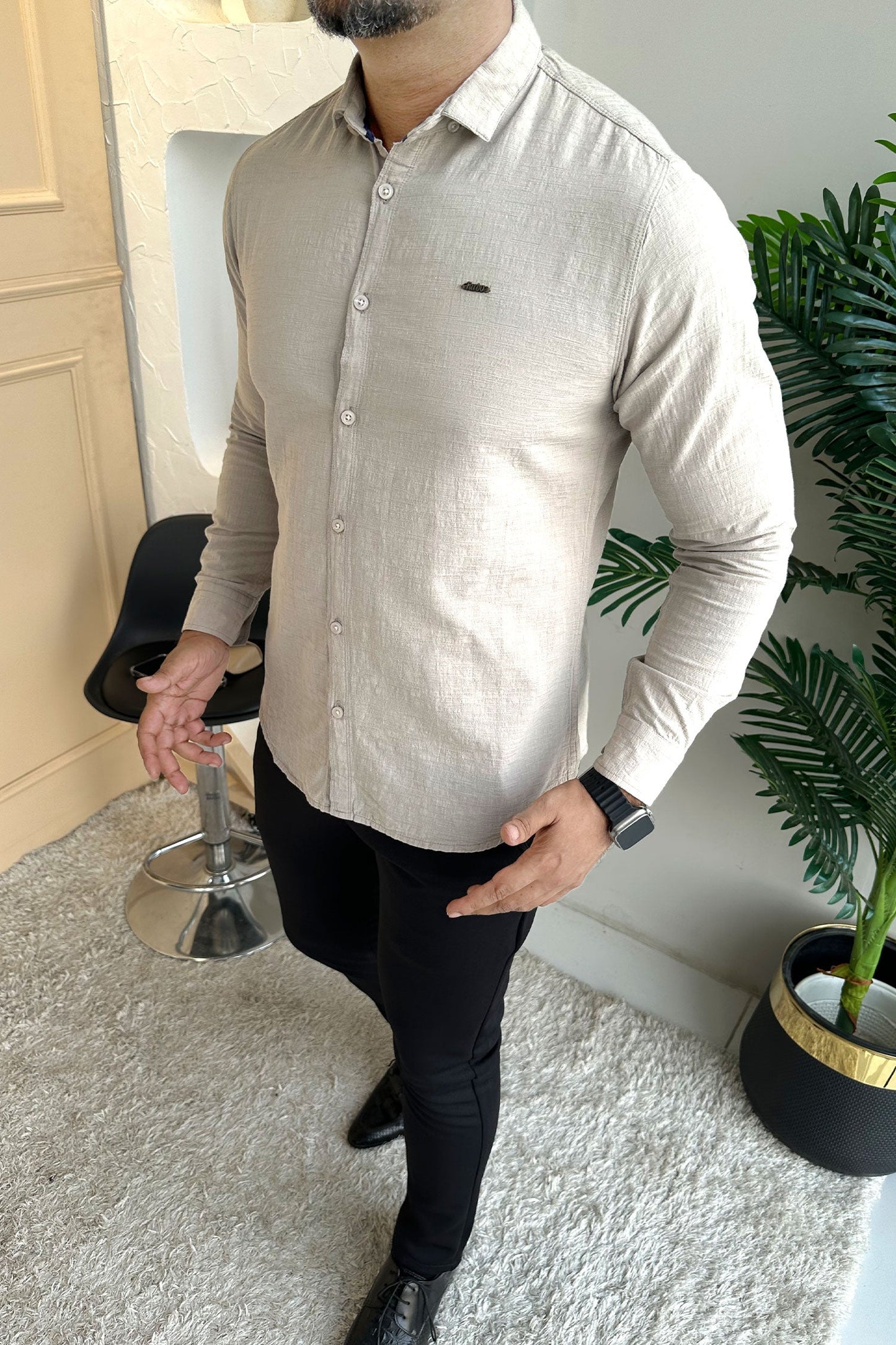 Turbo Dobby Textured Long Sleeve Cotton Casual Shirt In Slate Grey