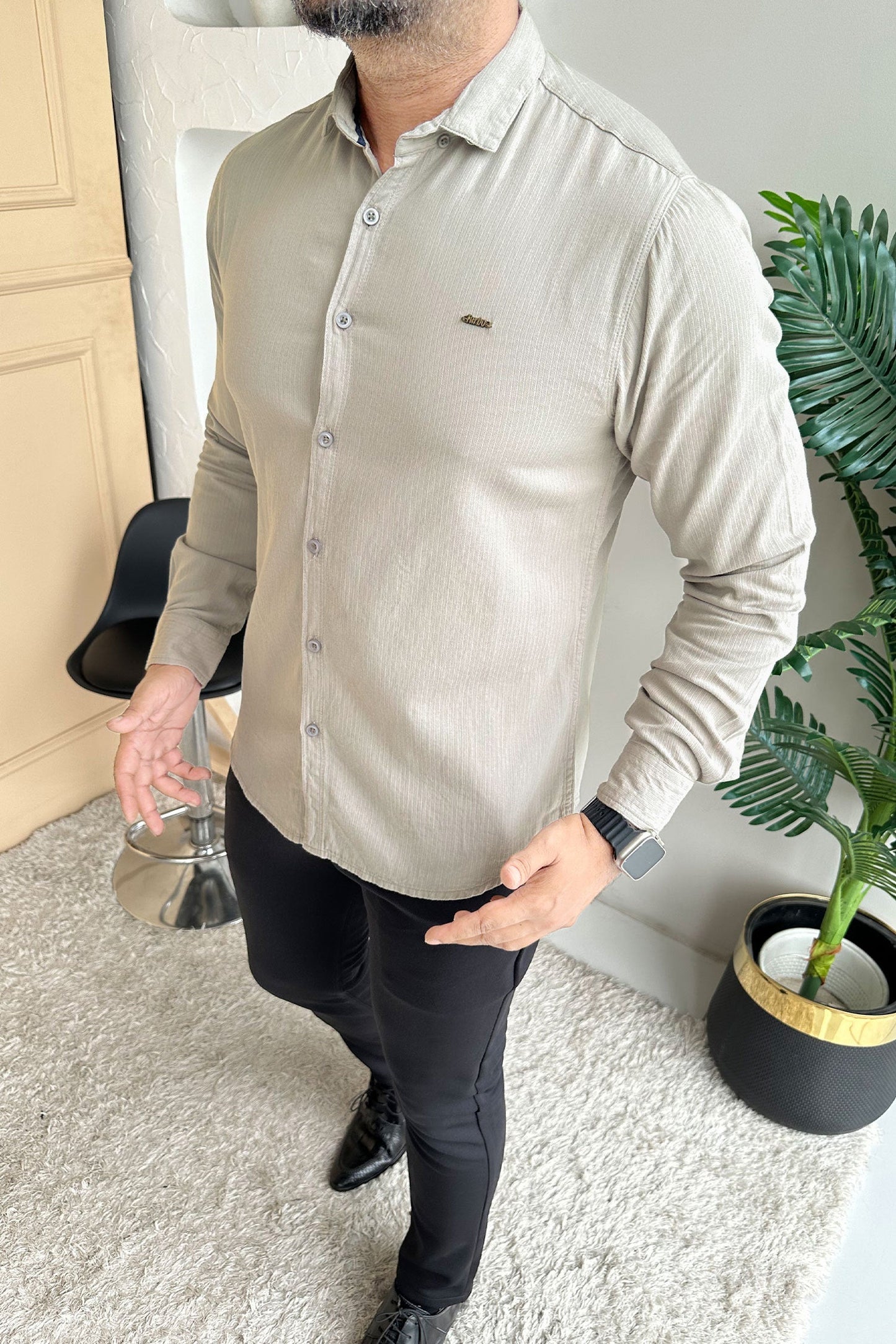 Turbo Self Lining Long Sleeve Cotton Casual Shirt In Slate Grey
