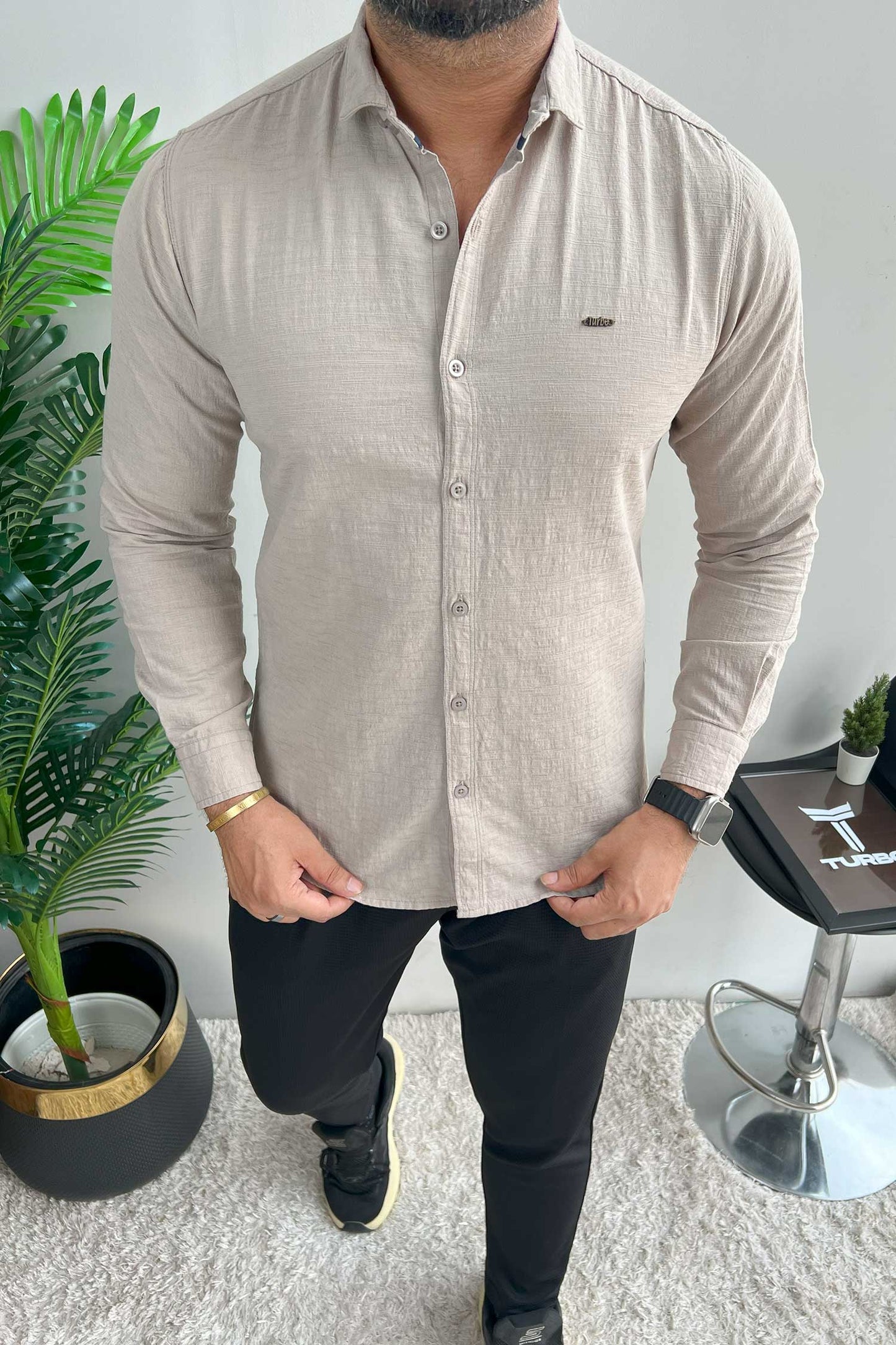 Turbo Dobby Textured Long Sleeve Cotton Casual Shirt In Slate Grey