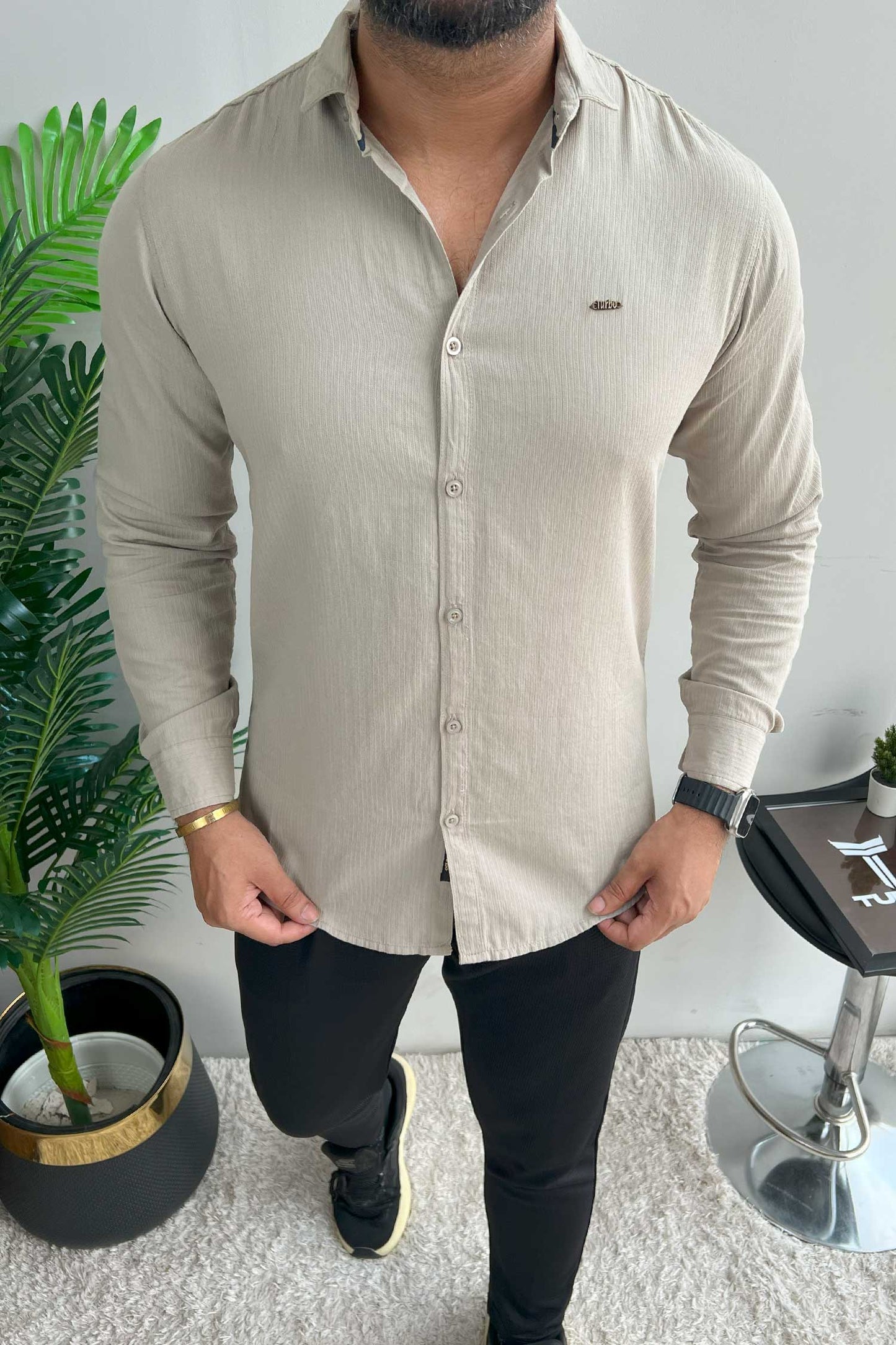 Turbo Self Lining Long Sleeve Cotton Casual Shirt In Slate Grey
