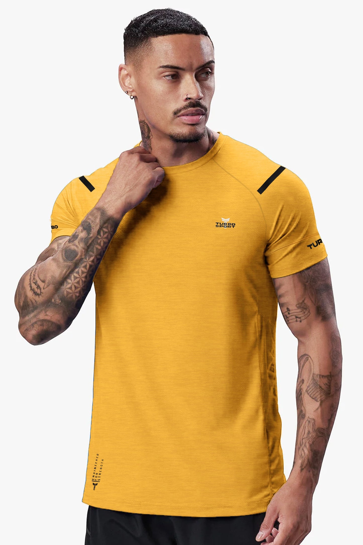 Turbo Sport Shoulder Striped Breathable Dry-Fit Tee In Mustard Yellow