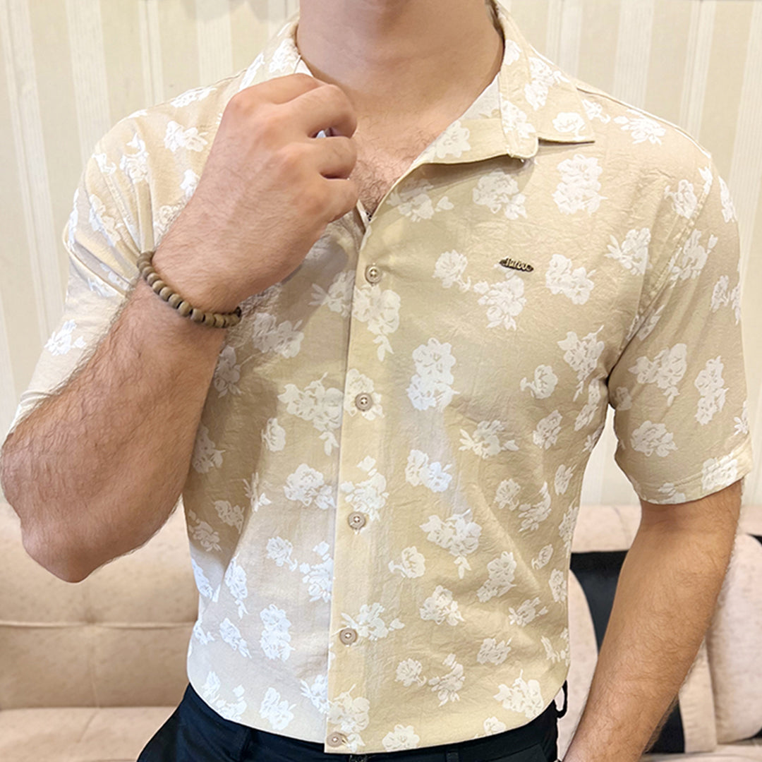 Turbo Rich Floral Printed Casual Shirt In Beige