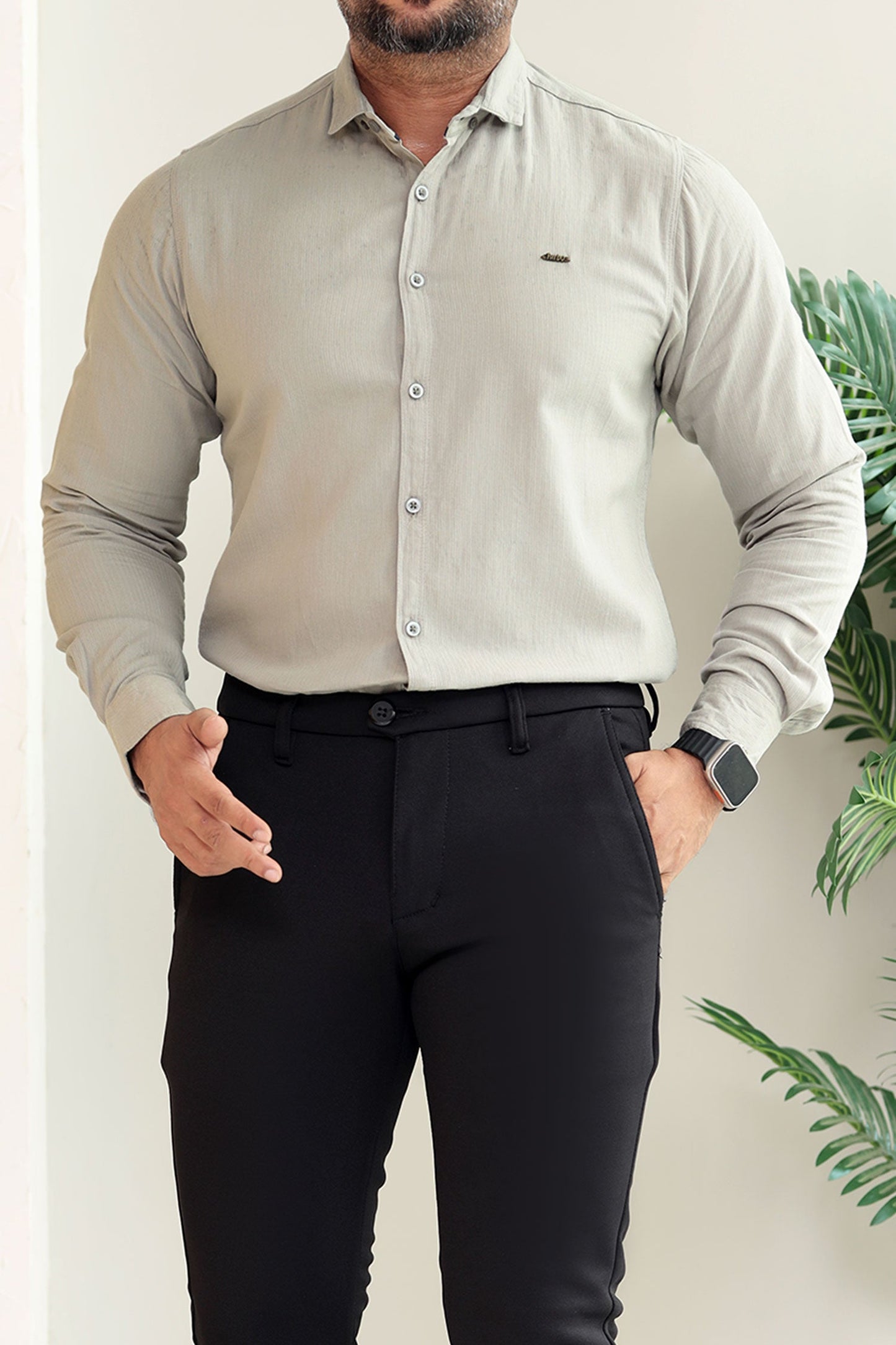 Turbo Self Lining Long Sleeve Cotton Casual Shirt In Slate Grey