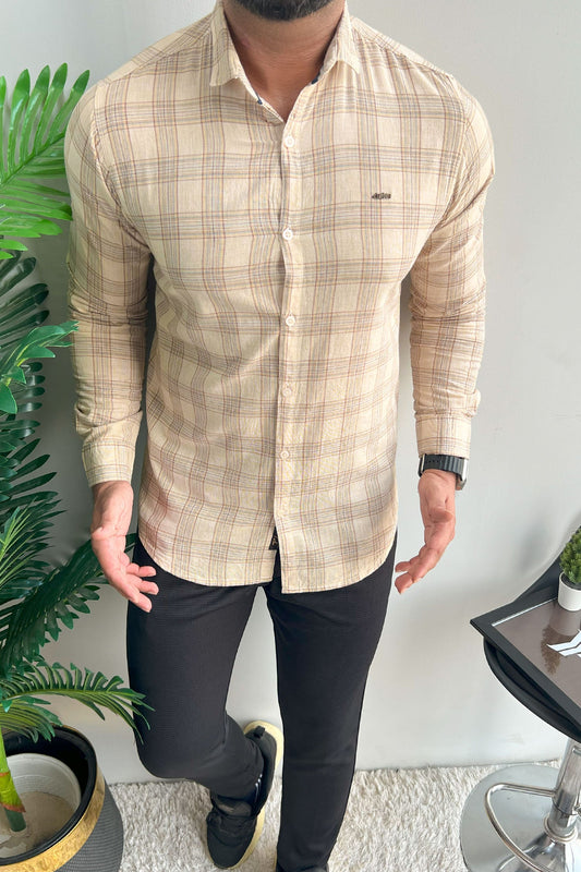 Turbo FearLess Checked Long Sleeve Cotton Casual Shirt In Beige