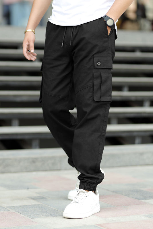 Turbo 6 Pockets Premium Cotton Gabardine Cargo Trouser In Black