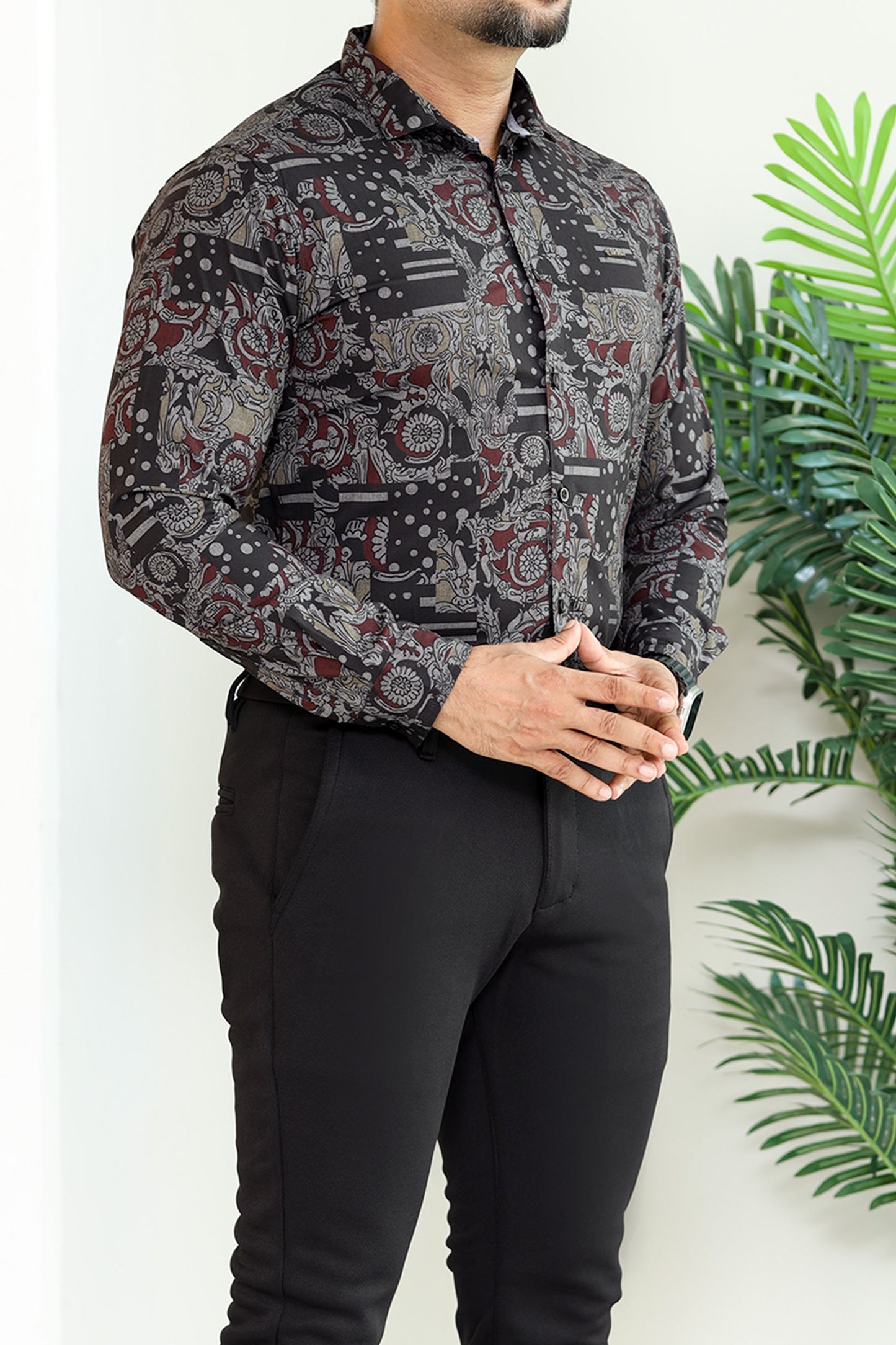 Turbo Retro Flower Motif Long Sleeve Cotton Casual Shirt In Black