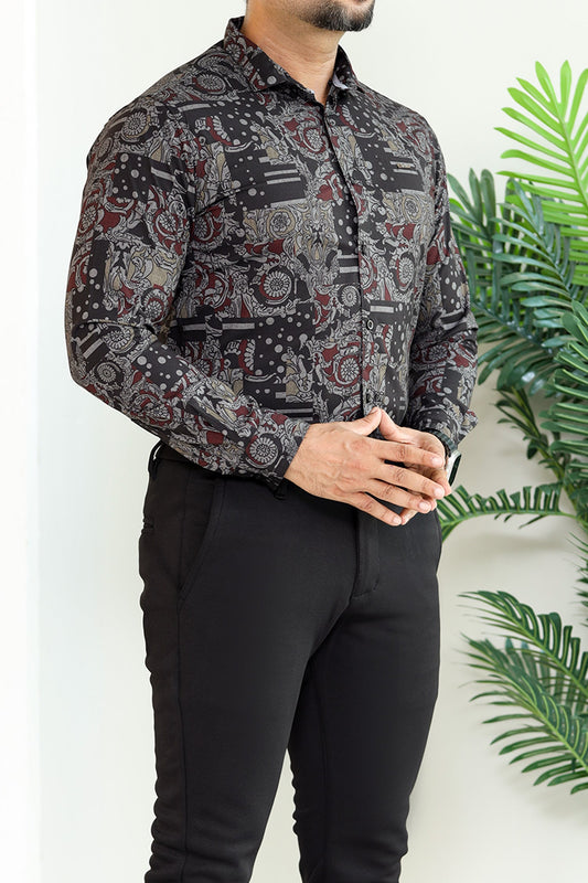 Turbo Retro Flower Motif Long Sleeve Cotton Casual Shirt In Black