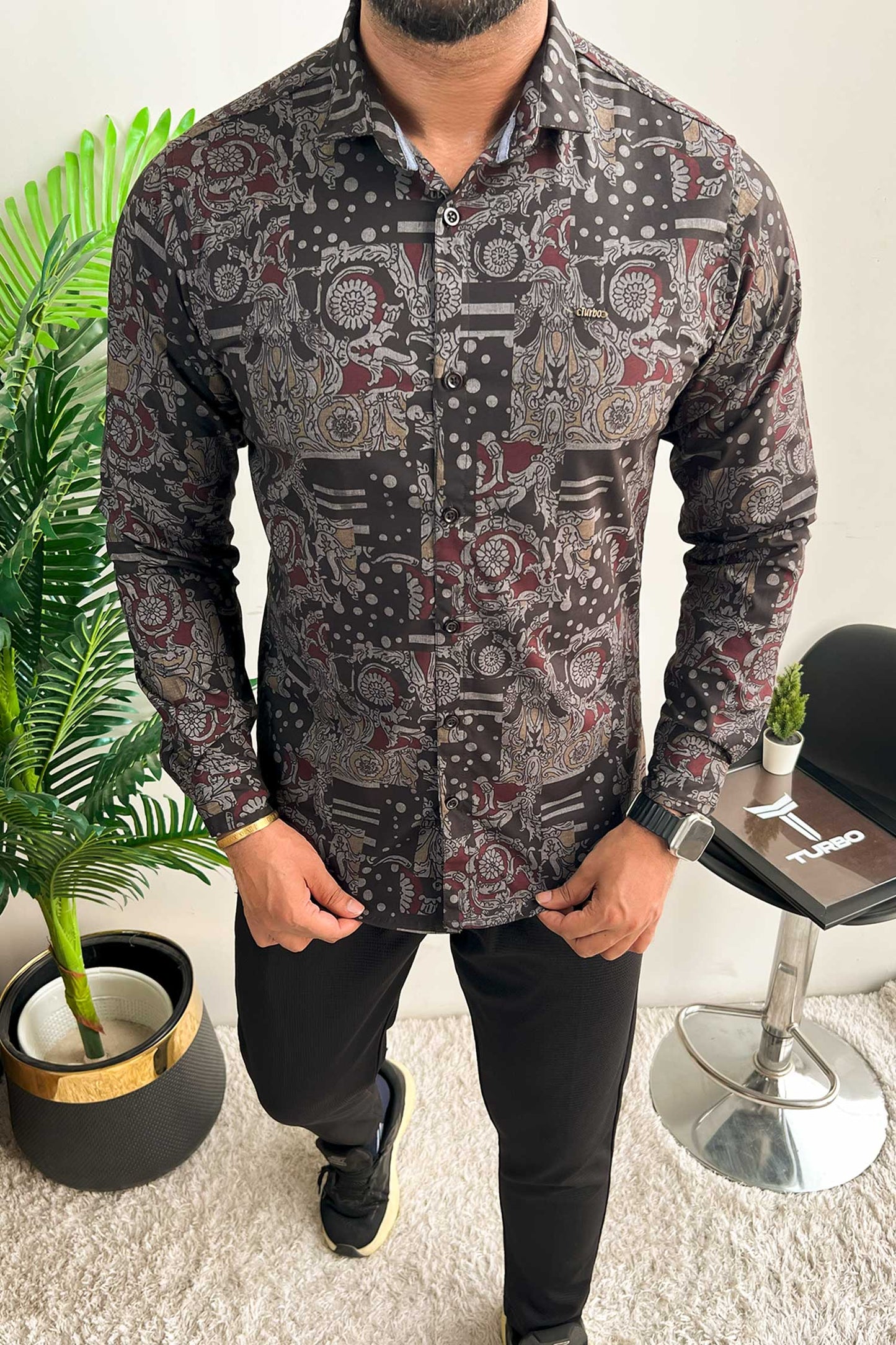Turbo Retro Flower Motif Long Sleeve Cotton Casual Shirt