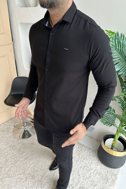 Turbo Self Lining Long Sleeve Cotton Casual Shirt In Black