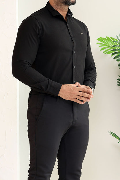 Turbo Self Lining Long Sleeve Cotton Casual Shirt In Black