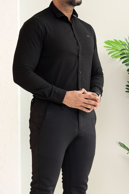 Turbo Self Lining Long Sleeve Cotton Casual Shirt In Black