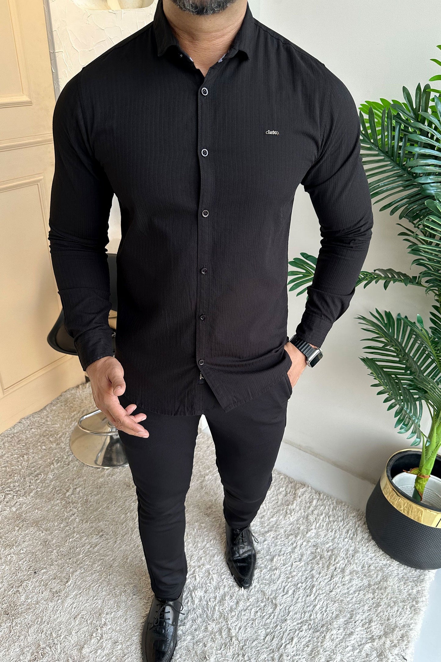 Turbo Organic MonoChromatic Long Sleeve Cotton Casual Shirt in Black