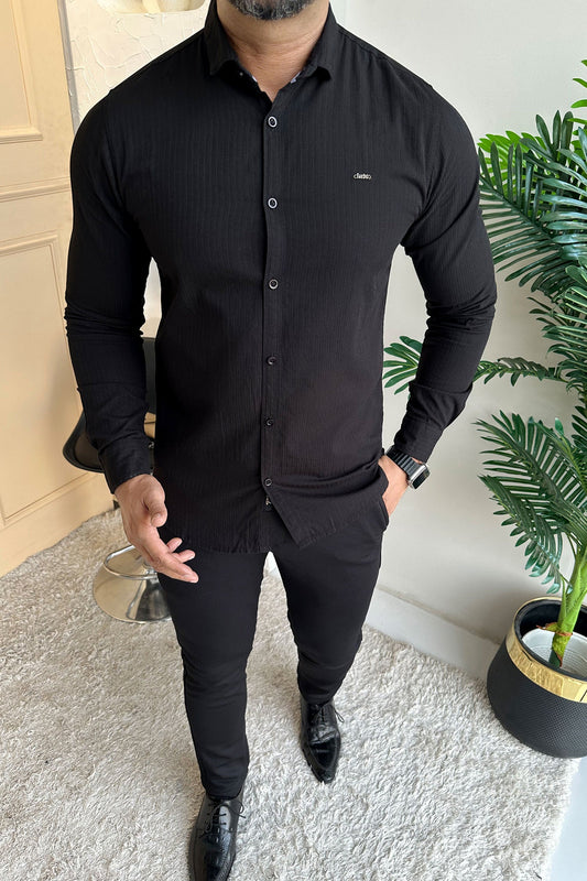 Turbo Organic MonoChromatic Long Sleeve Cotton Casual Shirt in Black