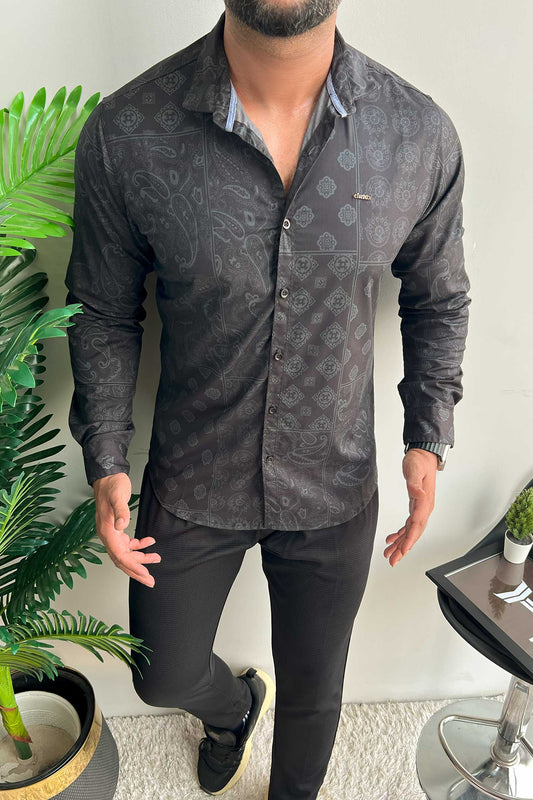 Turbo Splash Printed Long Sleeve Cotton Casual Shirt In Black