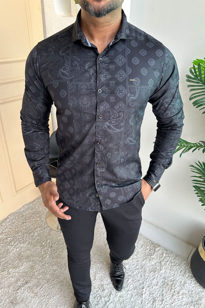 Turbo Splash Printed Long Sleeve Cotton Casual Shirt In Black