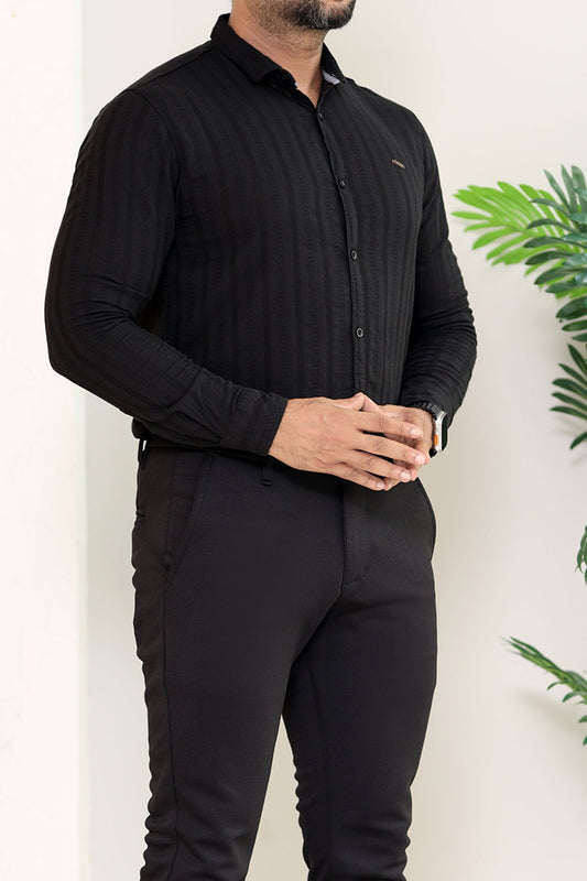 Turbo Self Stripe Motif Long Sleeve Cotton Casual Shirt In Black