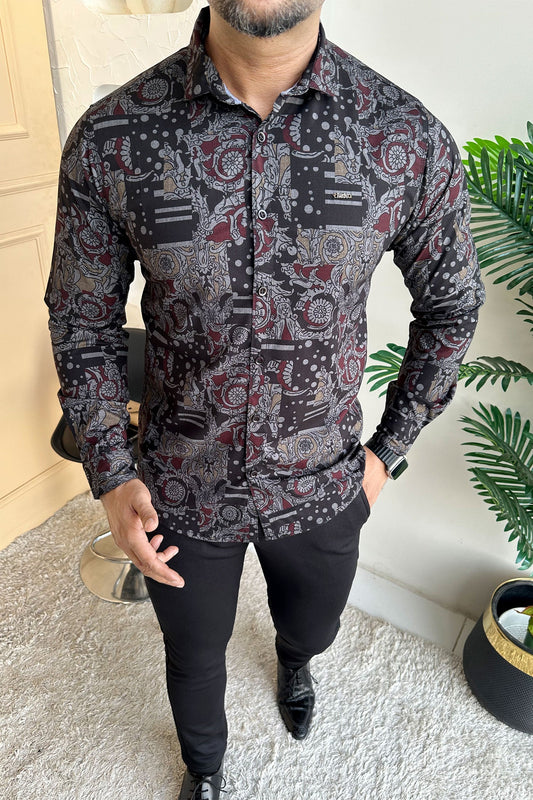 Turbo Retro Flower Motif Long Sleeve Cotton Casual Shirt In Black