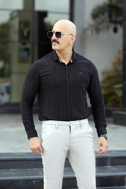 Turbo Self Stripe Motif Long Sleeve Cotton Casual Shirt