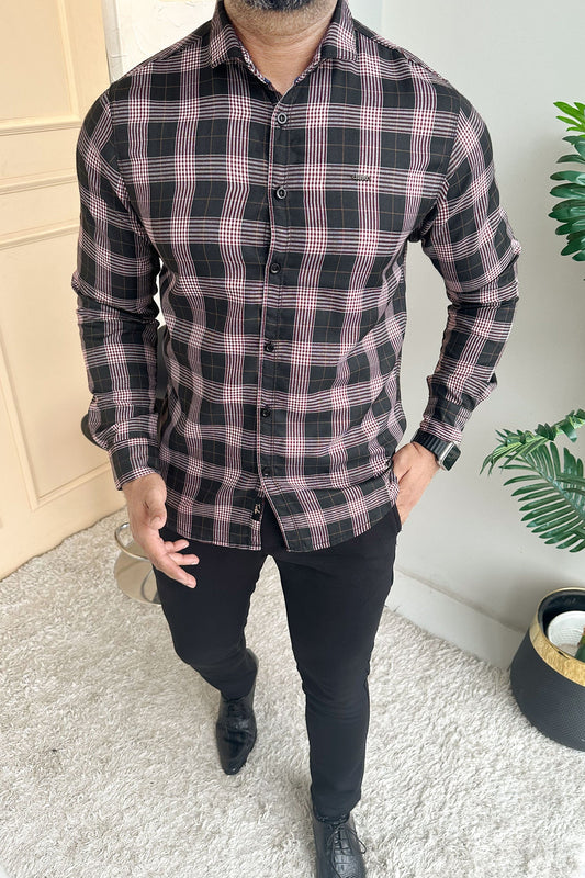 Turbo Plaid Pattern Creation Long Sleeve Cotton Casual Shirt In Black