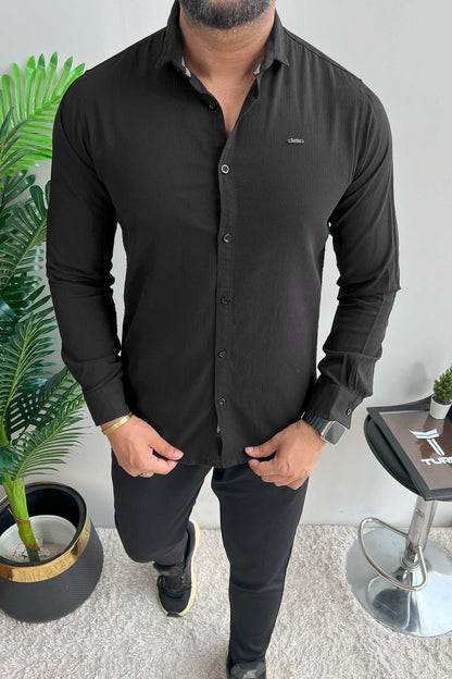 Turbo Self Lining Long Sleeve Cotton Casual Shirt In Black