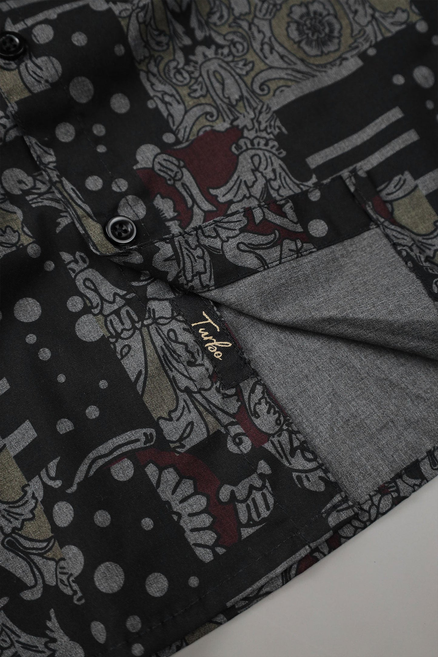 Turbo Retro Flower Motif Long Sleeve Cotton Casual Shirt In Black