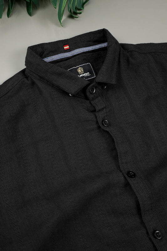 Turbo Self Stripe Motif Long Sleeve Cotton Casual Shirt In Black