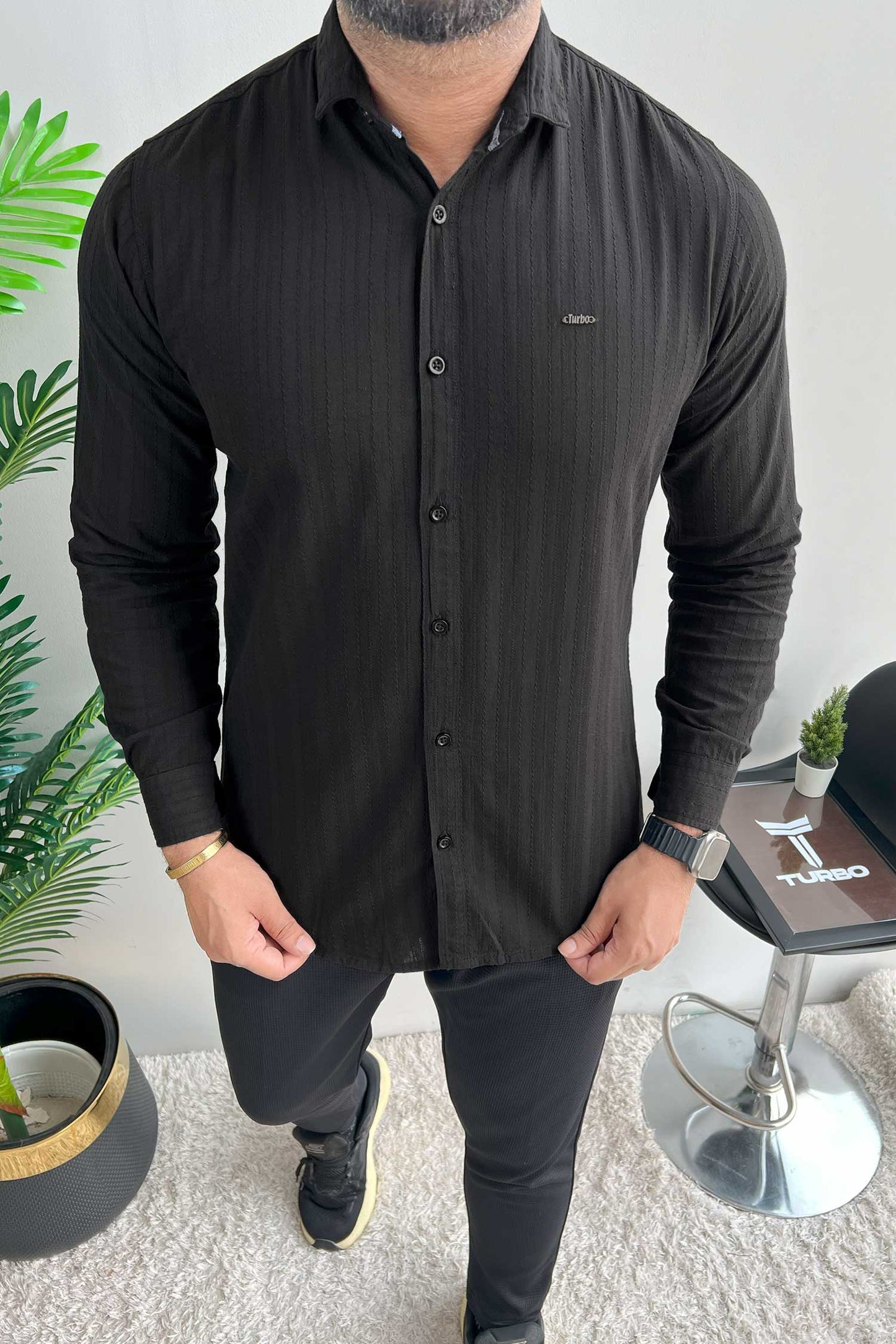Turbo Billy Textured Knit Long Sleeve Cotton Casual Shirt In Black