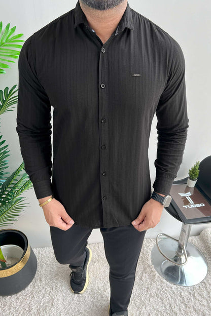 Turbo Billy Textured Knit Long Sleeve Cotton Casual Shirt In Black