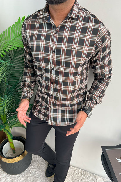 Turbo Tattersall Checkered Long Sleeve Cotton Casual Shirt In Black