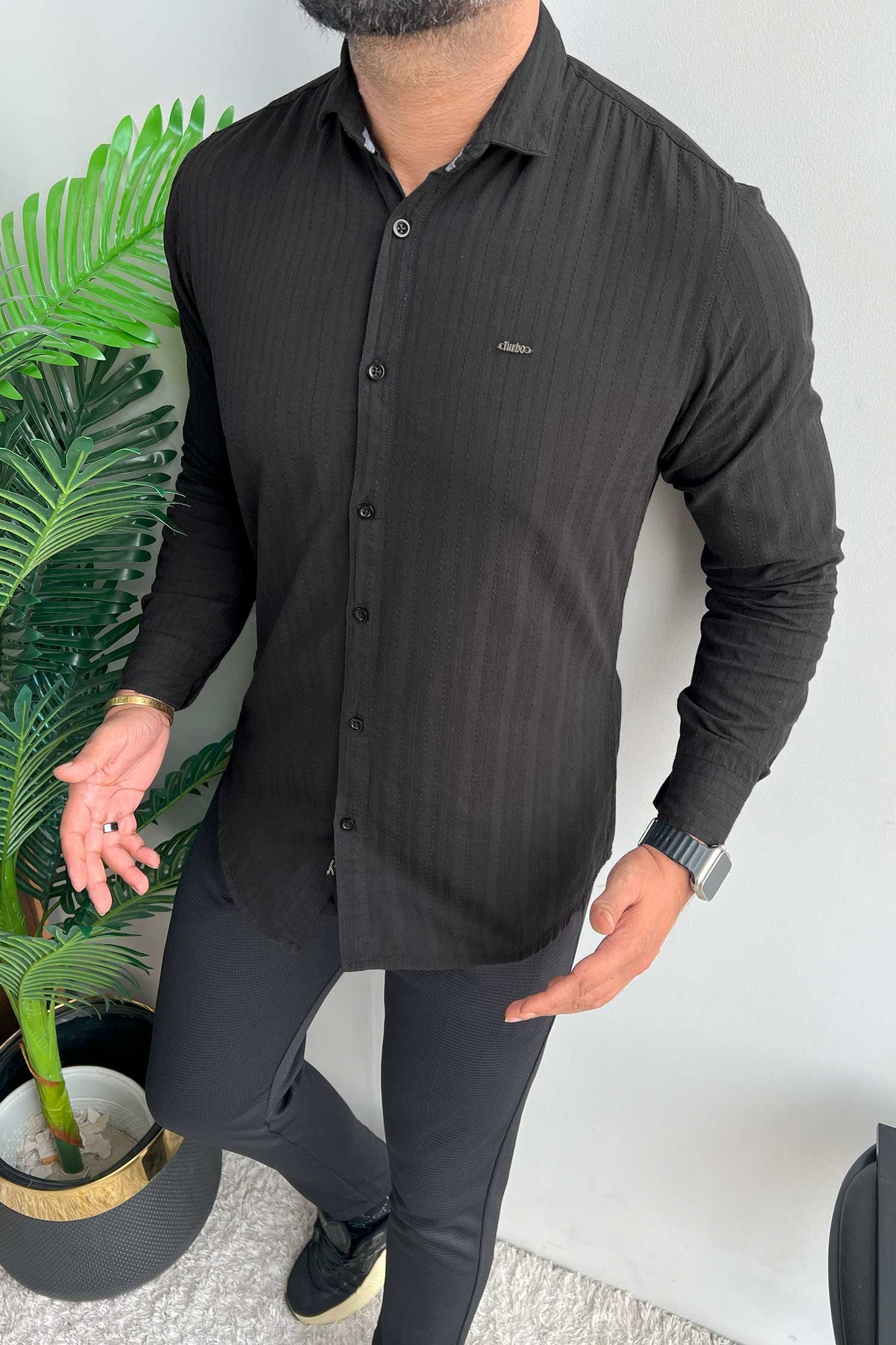 Turbo Billy Textured Knit Long Sleeve Cotton Casual Shirt In Black